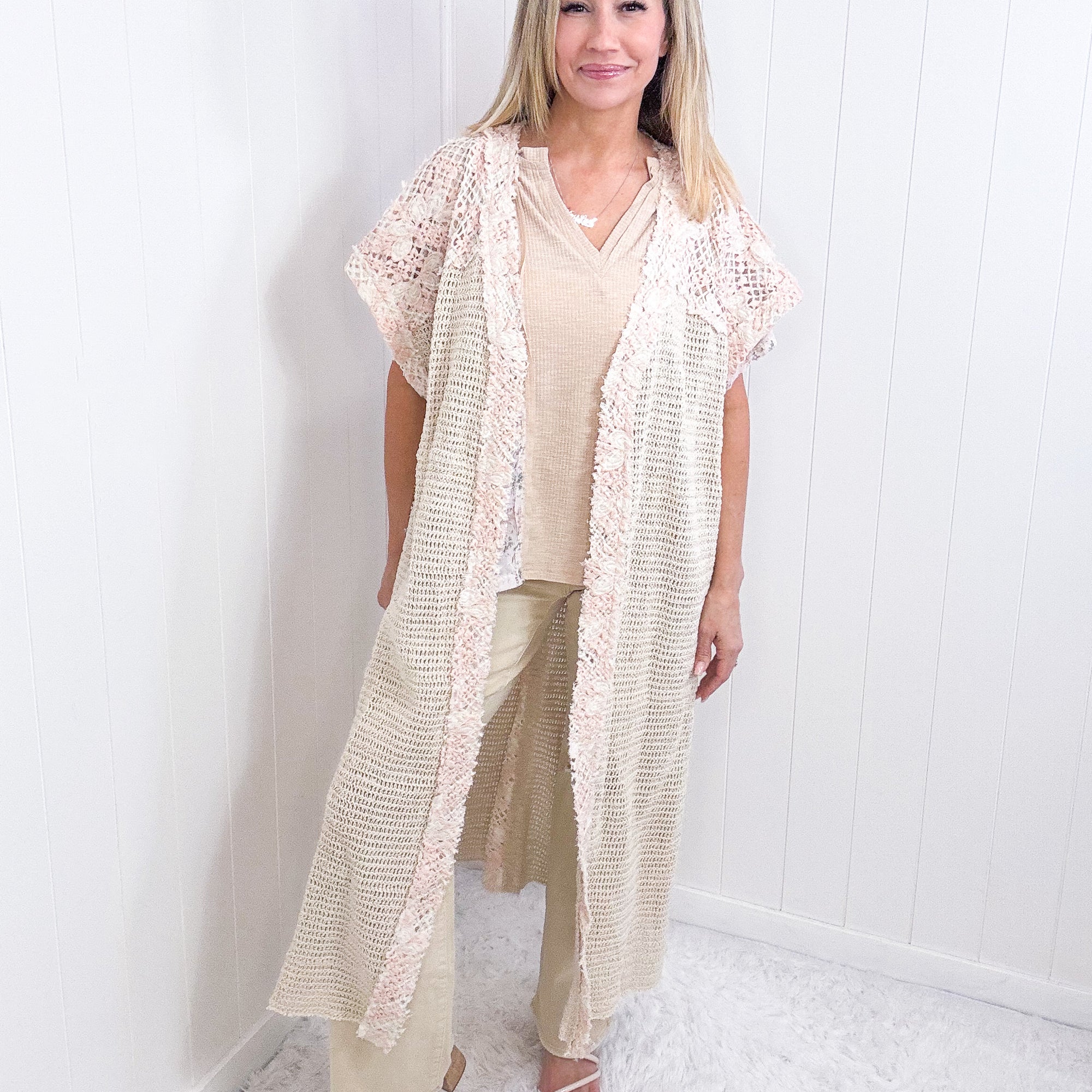 POL Cream Crochet Longline Duster Kimono - Boujee Boutique 