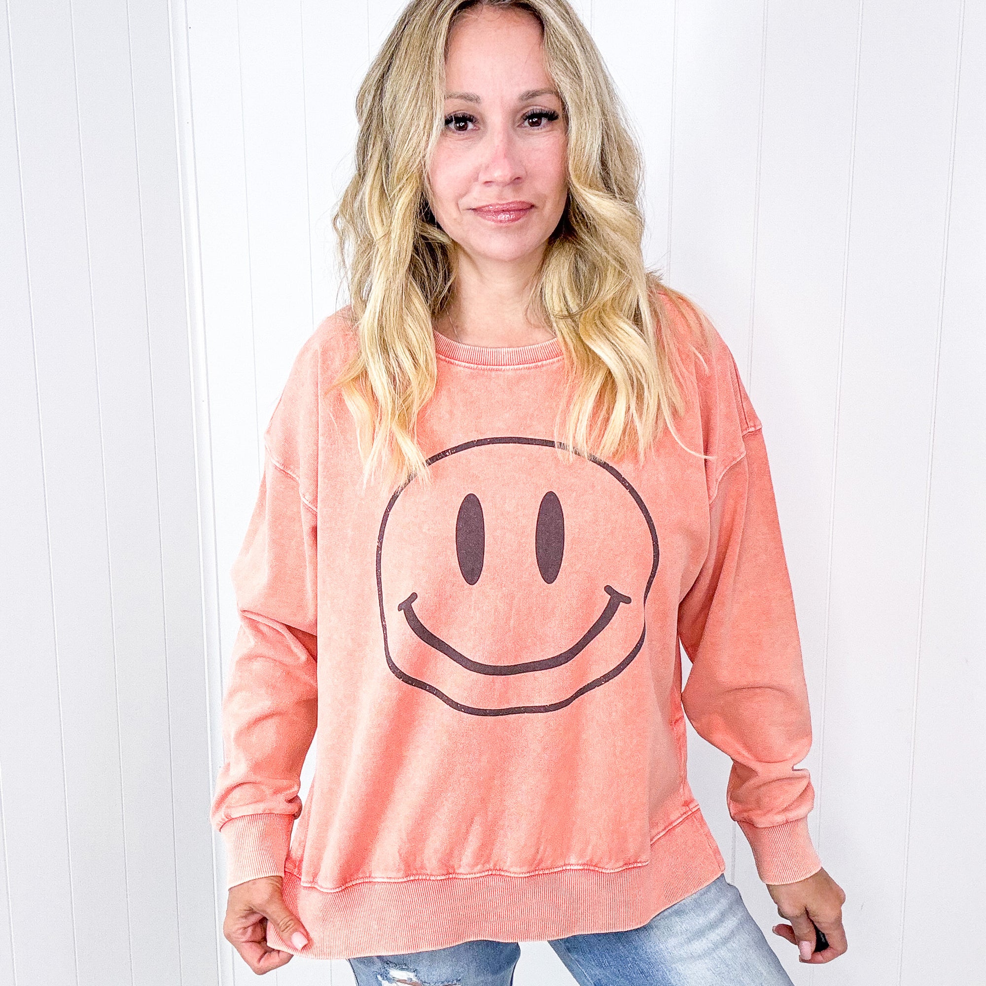 Be Happy Mineral Washed Terry Knit Pullover Long Sleeve Top in 5 Colors - Boujee Boutique 