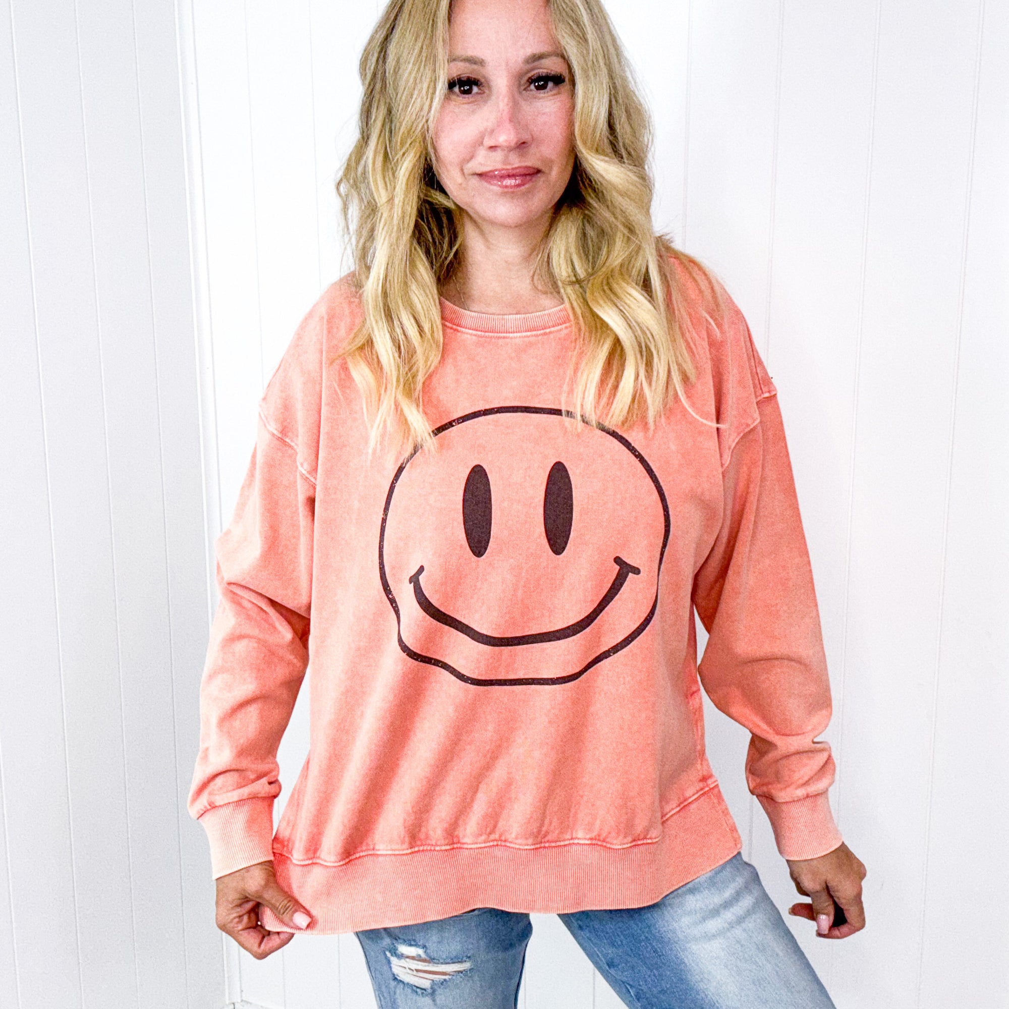 Be Happy Mineral Washed Terry Knit Pullover Long Sleeve Top in 5 Colors - Boujee Boutique 