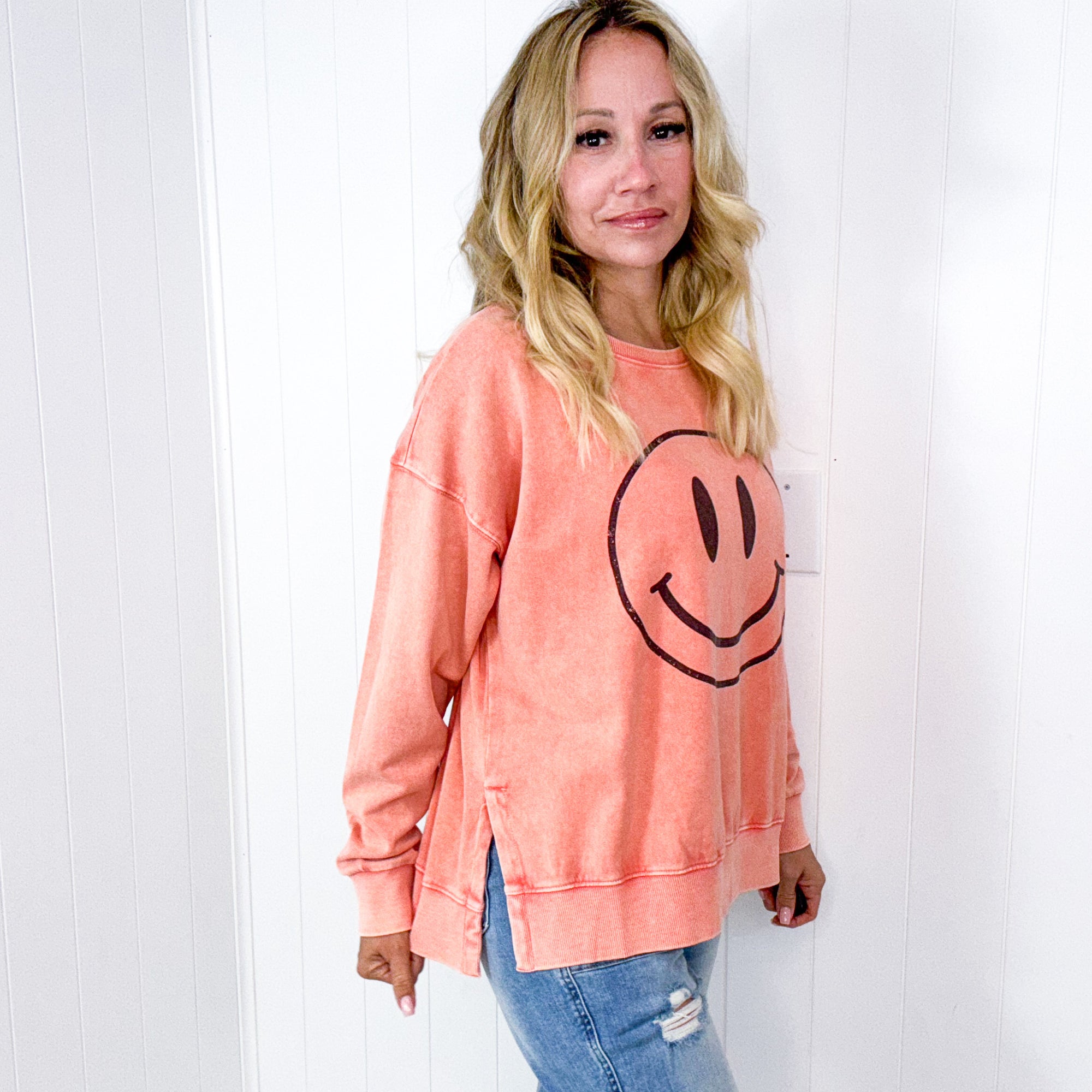 Be Happy Mineral Washed Terry Knit Pullover Long Sleeve Top in 5 Colors - Boujee Boutique 