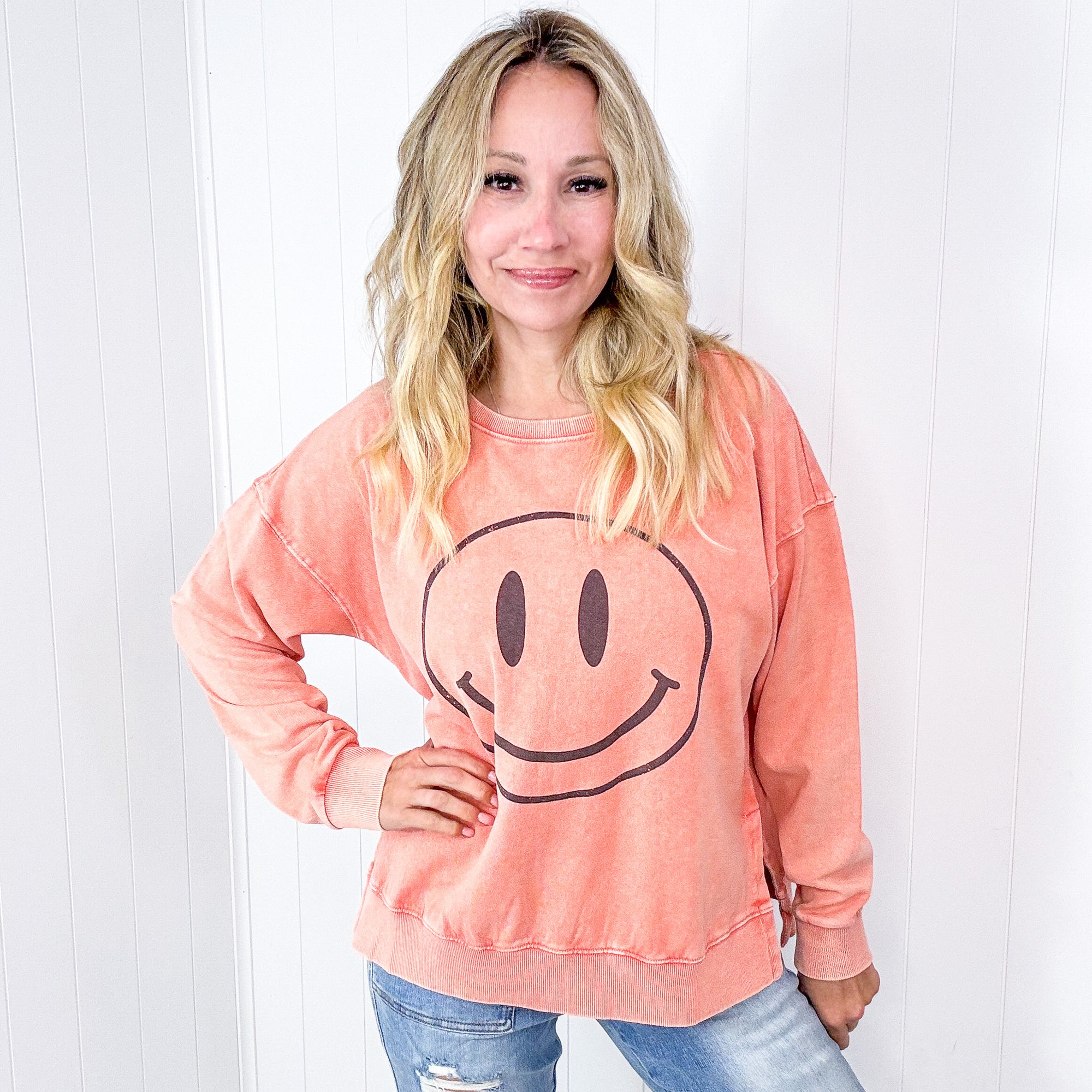 Be Happy Mineral Washed Terry Knit Pullover Long Sleeve Top in 5 Colors - Boujee Boutique 