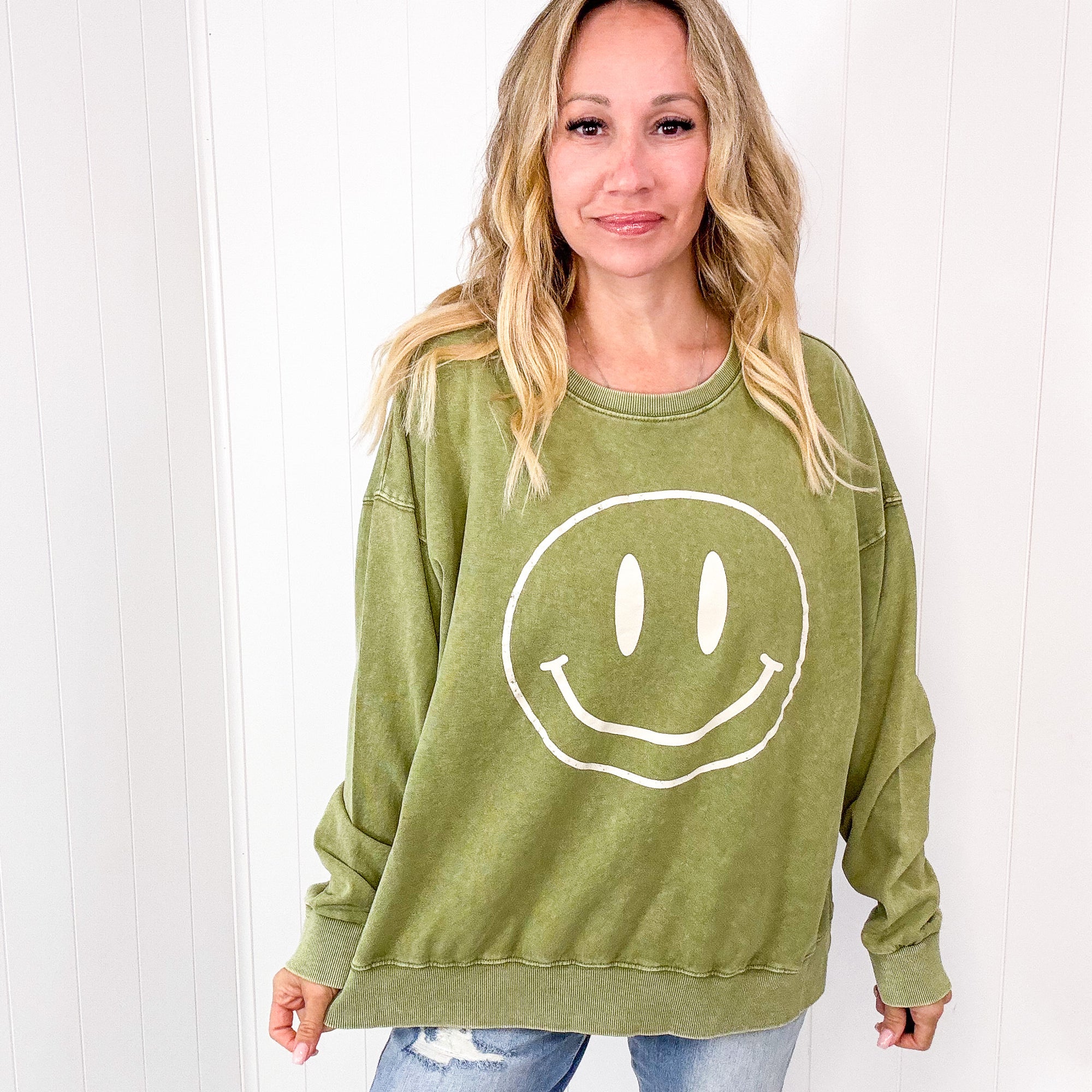 Be Happy Mineral Washed Terry Knit Pullover Long Sleeve Top in 5 Colors - Boujee Boutique 