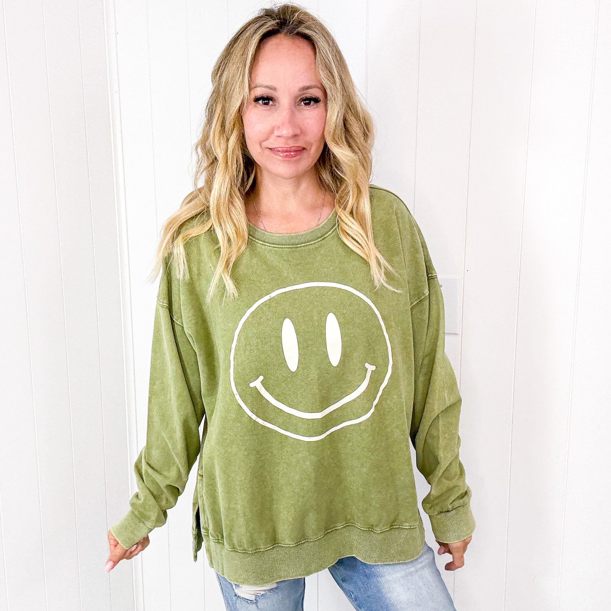 Be Happy Mineral Washed Terry Knit Pullover Long Sleeve Top in 5 Colors - Boujee Boutique 
