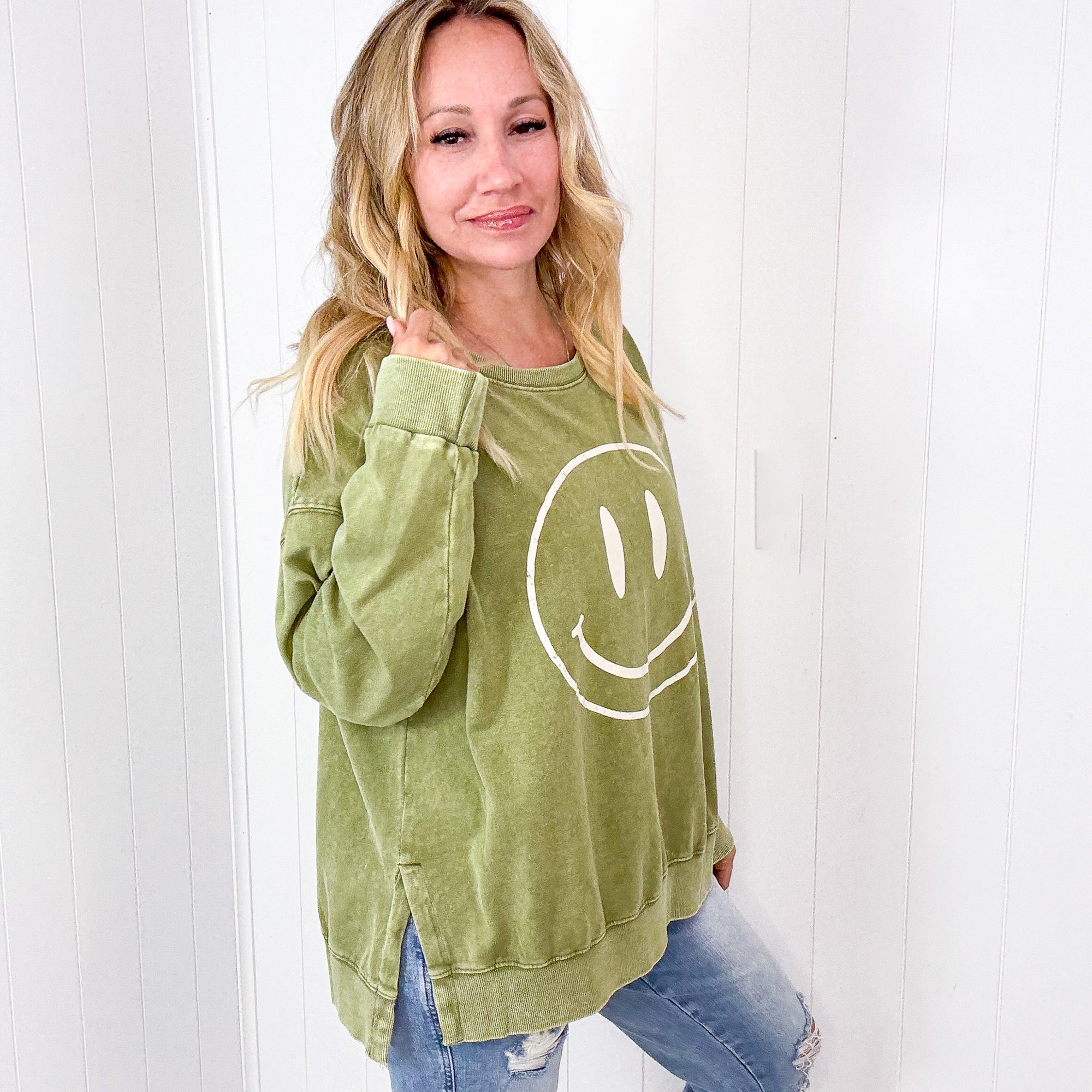 Be Happy Mineral Washed Terry Knit Pullover Long Sleeve Top in 5 Colors - Boujee Boutique 
