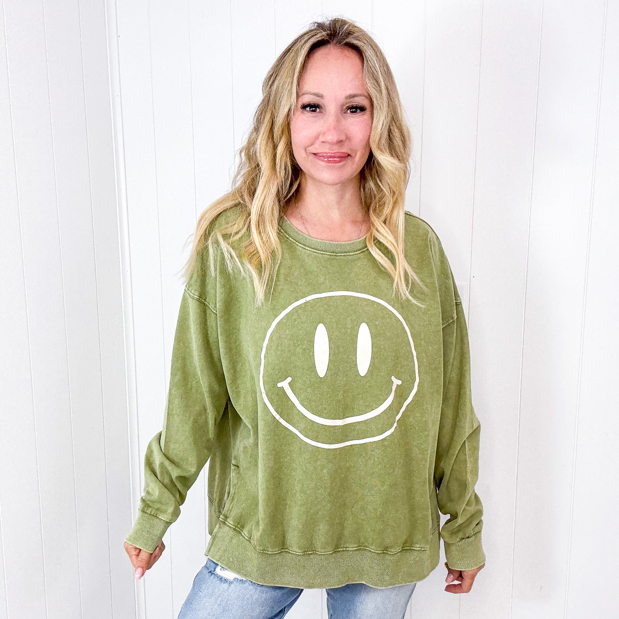 Be Happy Mineral Washed Terry Knit Pullover Long Sleeve Top in 5 Colors - Boujee Boutique 
