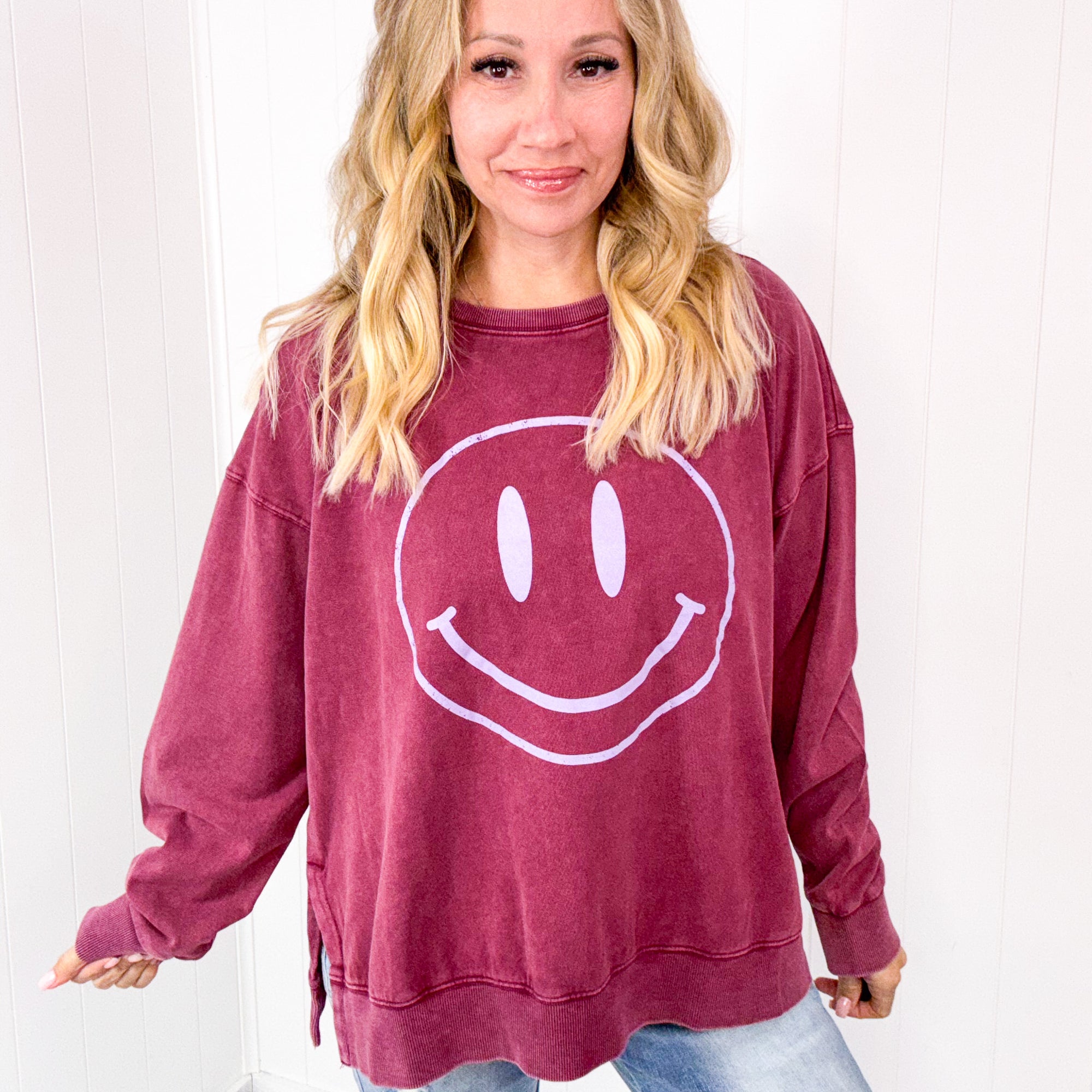 Be Happy Mineral Washed Terry Knit Pullover Long Sleeve Top in 5 Colors - Boujee Boutique 