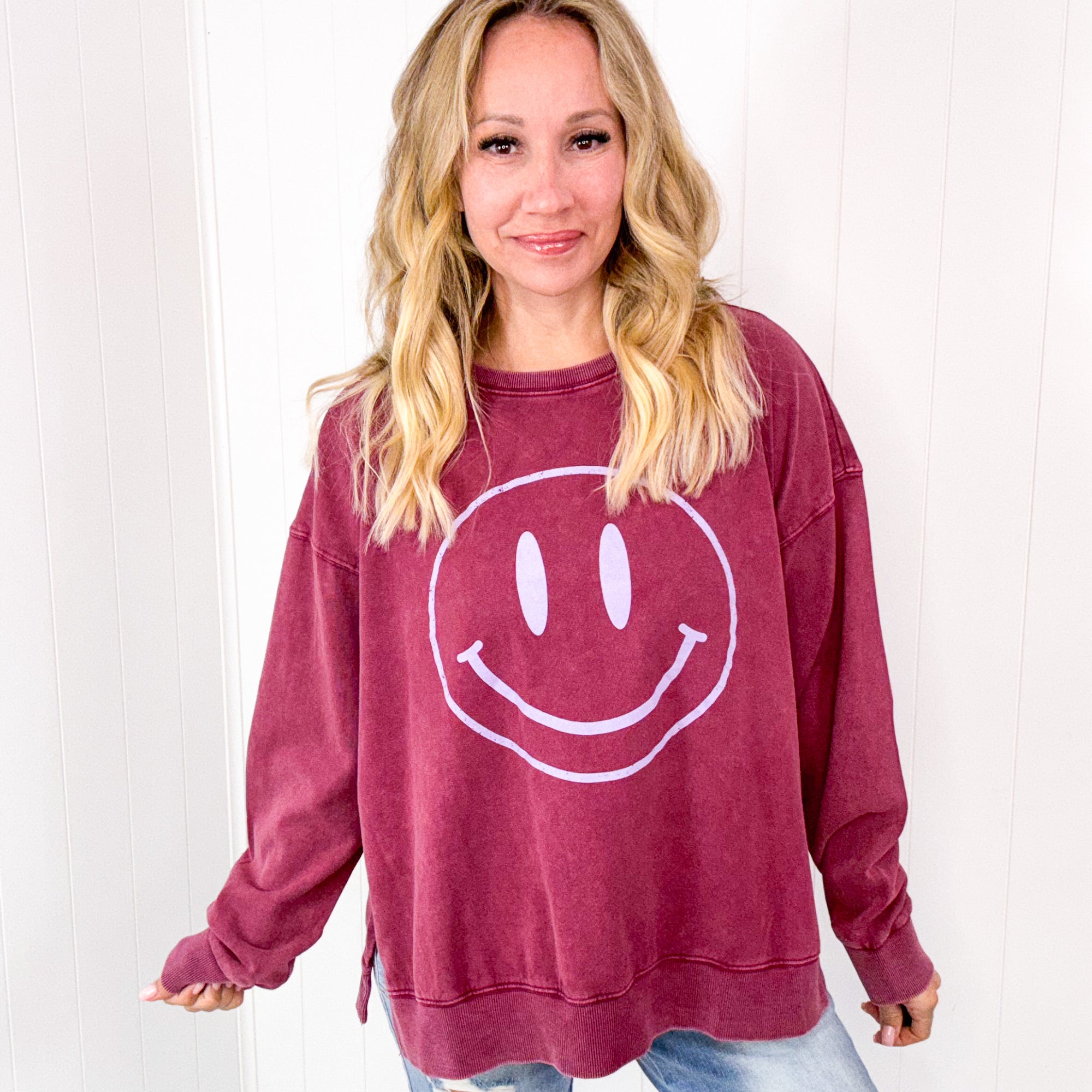 Be Happy Mineral Washed Terry Knit Pullover Long Sleeve Top in 5 Colors - Boujee Boutique 