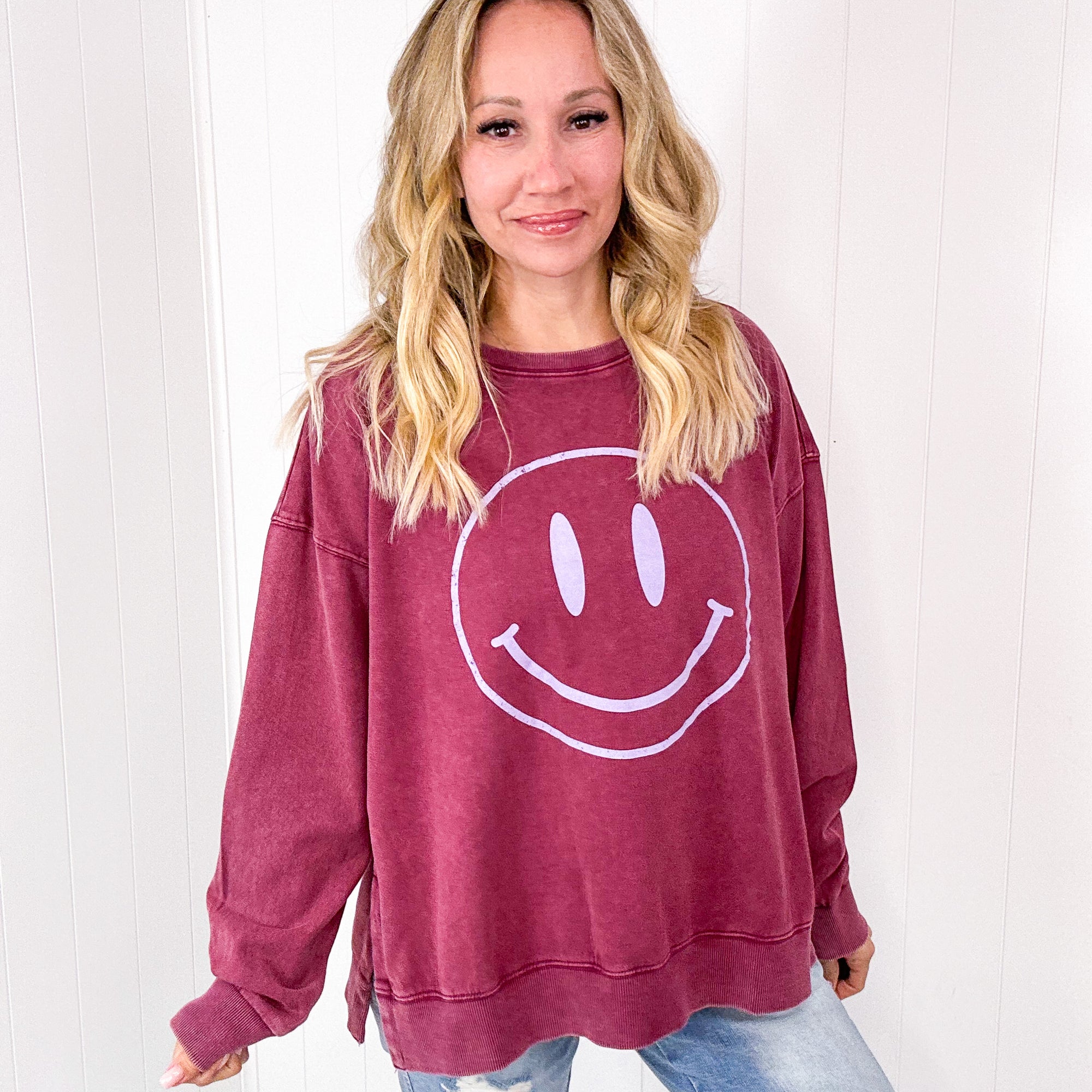 Be Happy Mineral Washed Terry Knit Pullover Long Sleeve Top in 5 Colors - Boujee Boutique 