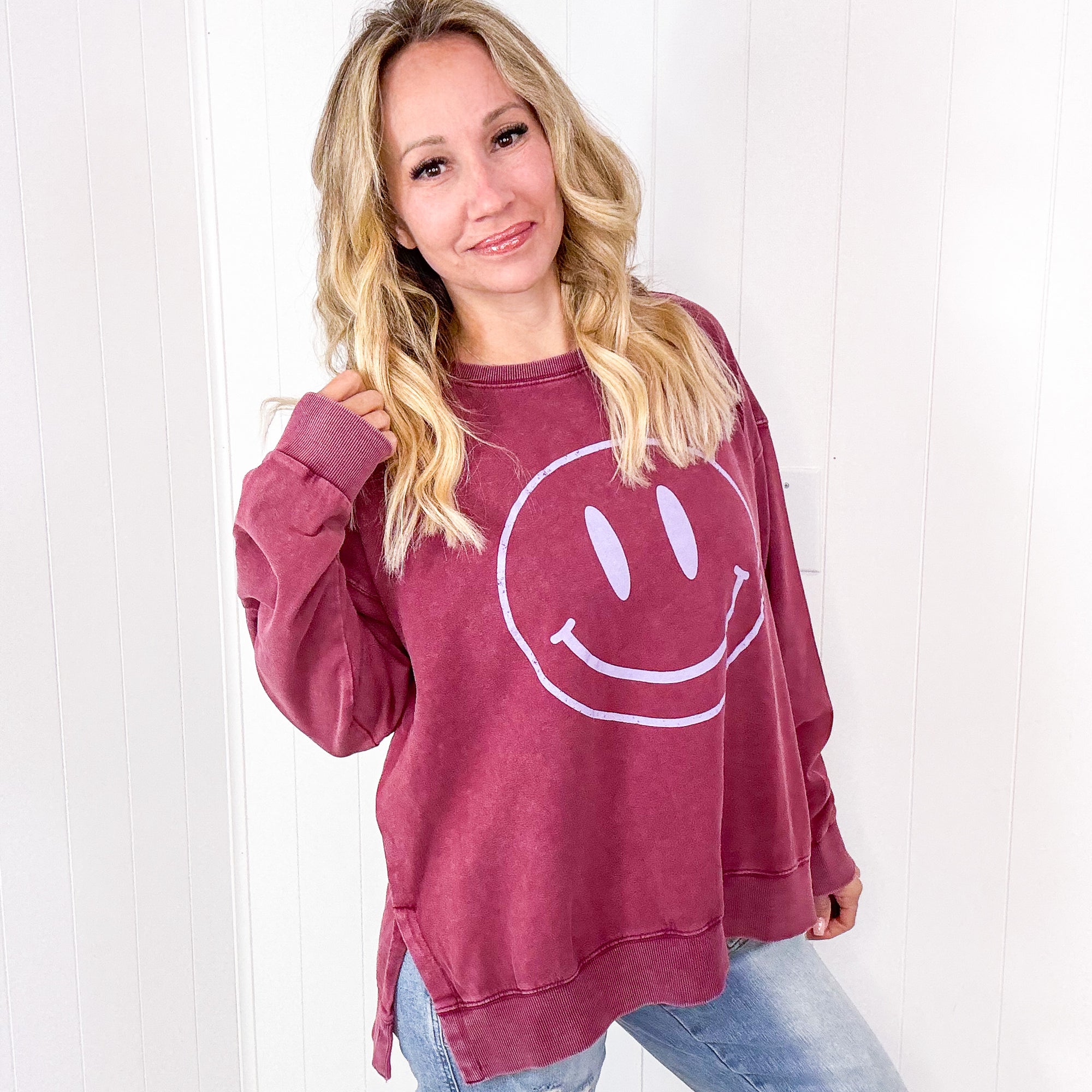 Be Happy Mineral Washed Terry Knit Pullover Long Sleeve Top in 5 Colors - Boujee Boutique 