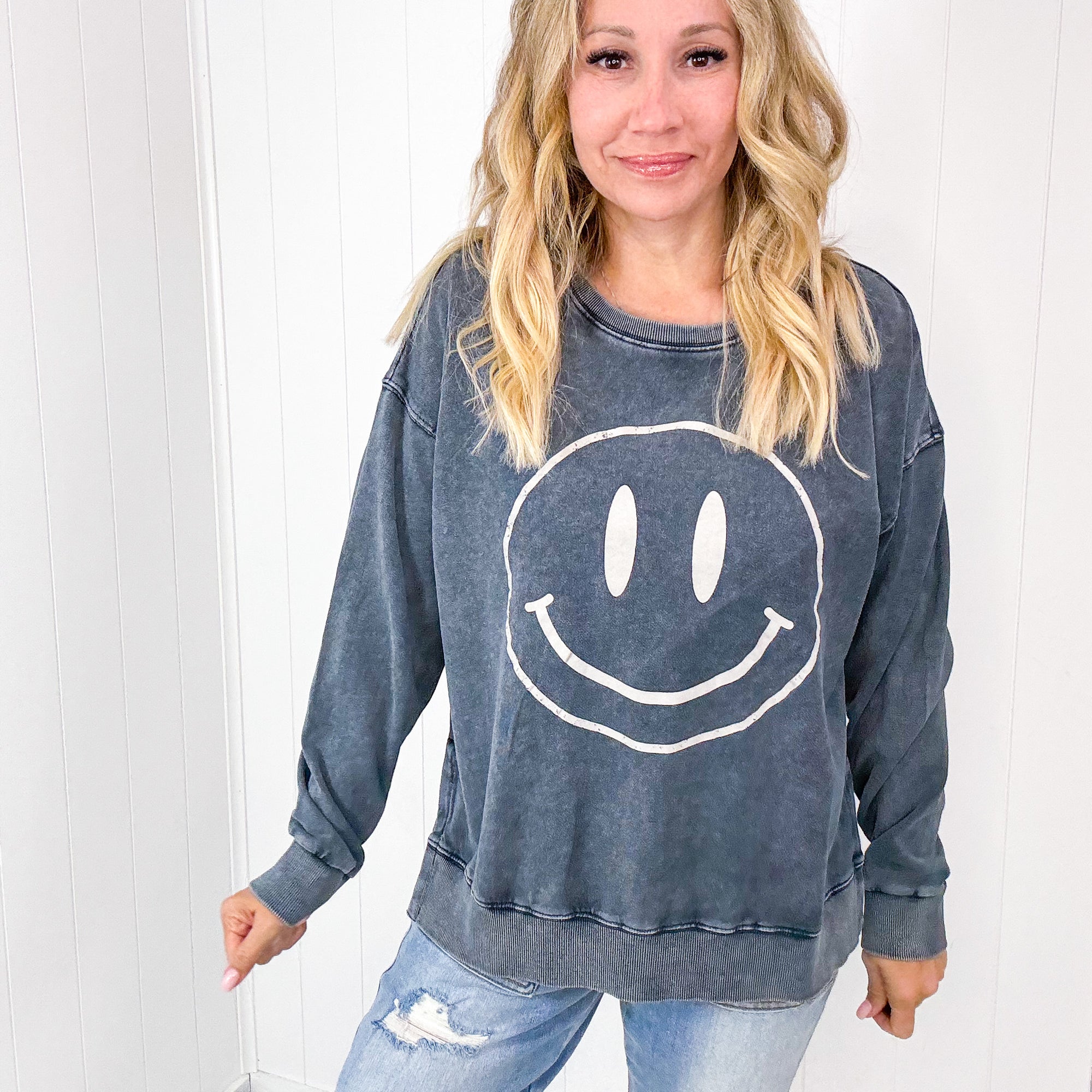Be Happy Mineral Washed Terry Knit Pullover Long Sleeve Top in 5 Colors - Boujee Boutique 