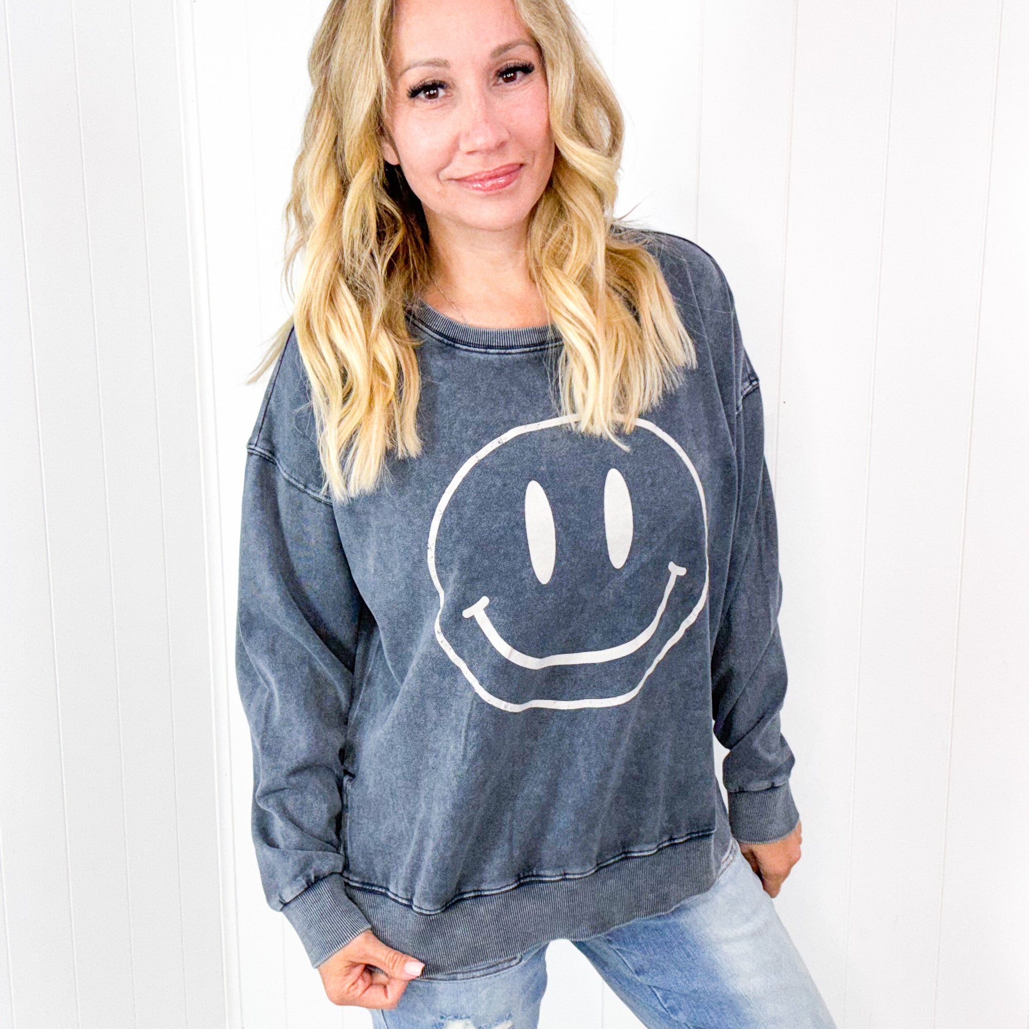 Be Happy Mineral Washed Terry Knit Pullover Long Sleeve Top in 5 Colors - Boujee Boutique 