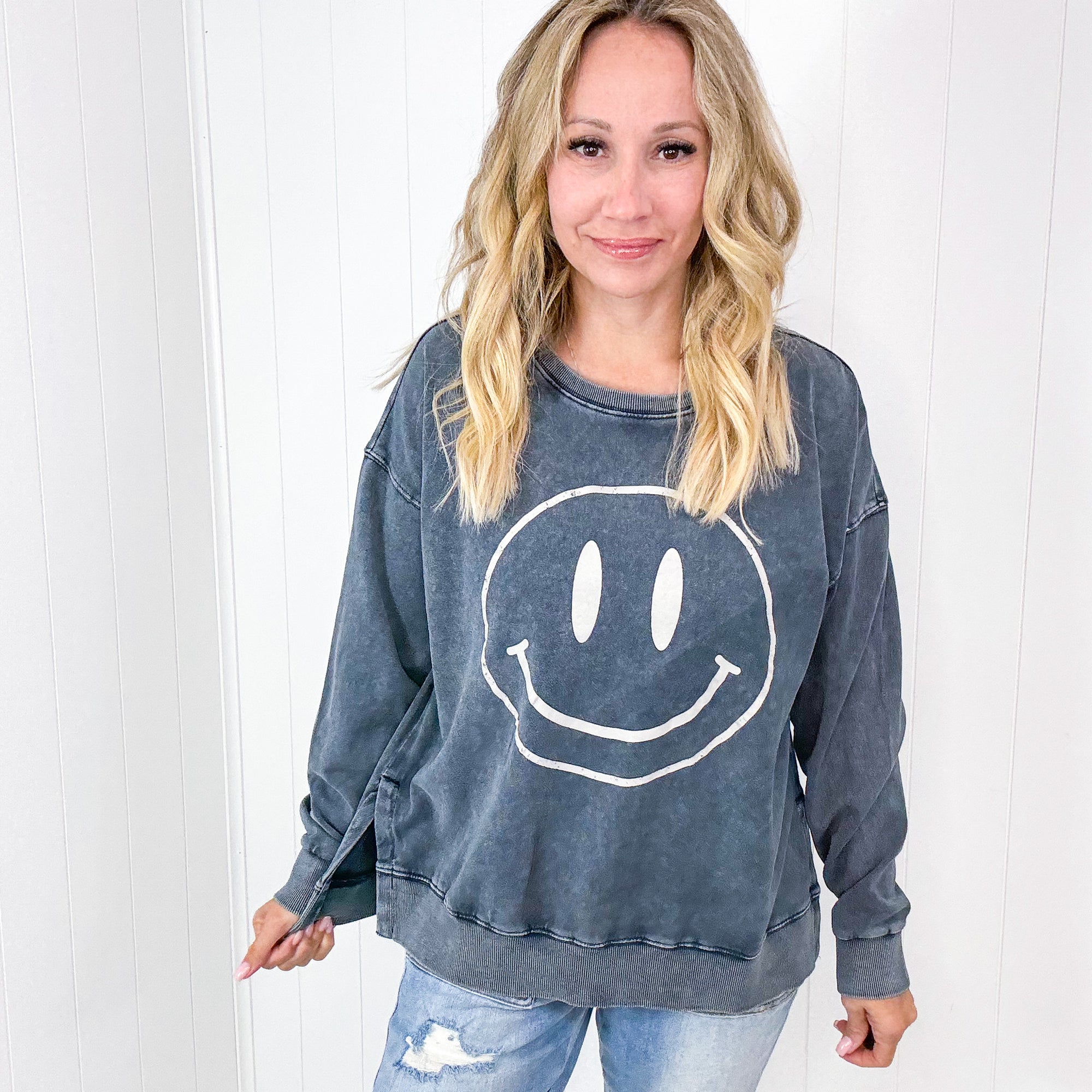 Be Happy Mineral Washed Terry Knit Pullover Long Sleeve Top in 5 Colors - Boujee Boutique 