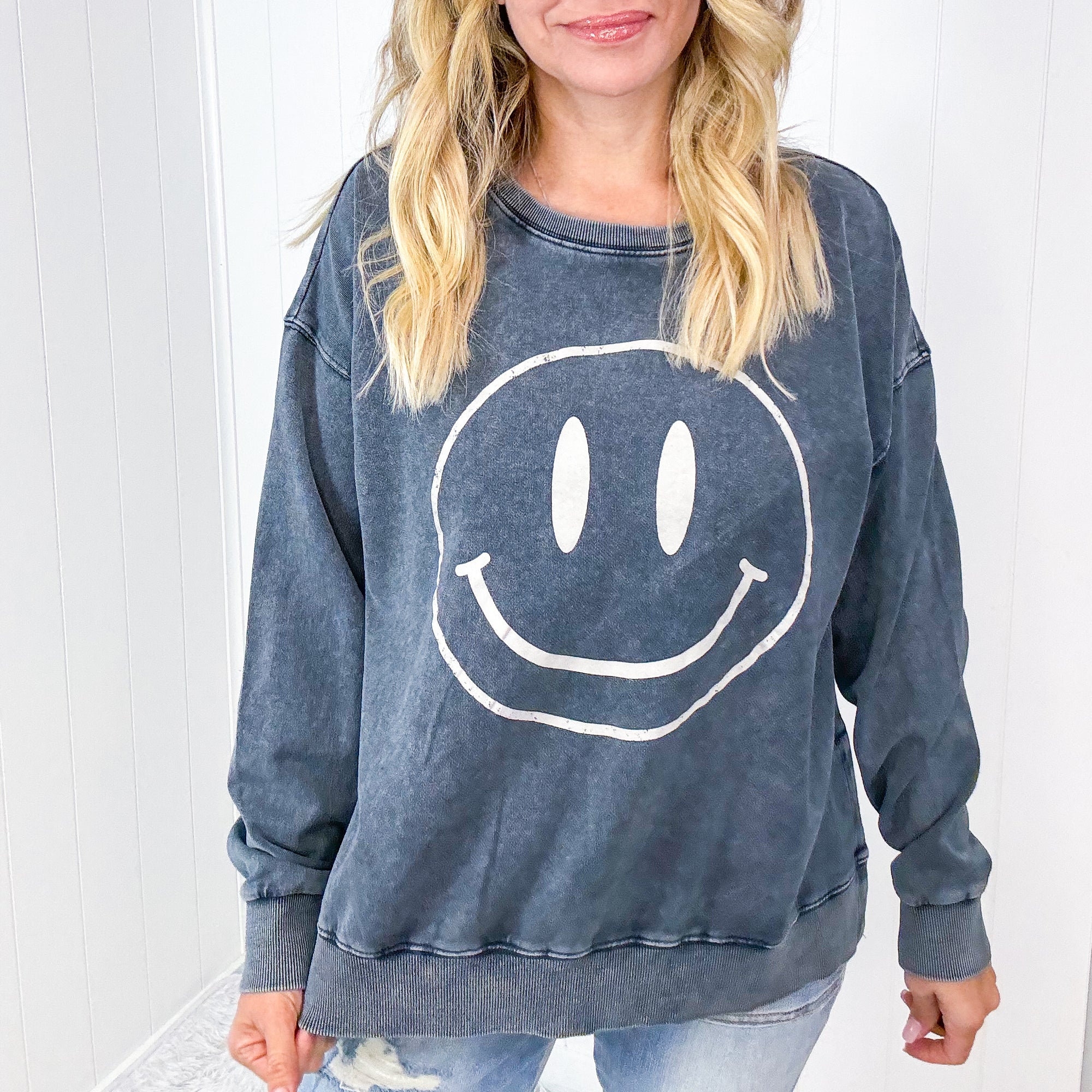 Be Happy Mineral Washed Terry Knit Pullover Long Sleeve Top in 5 Colors - Boujee Boutique 