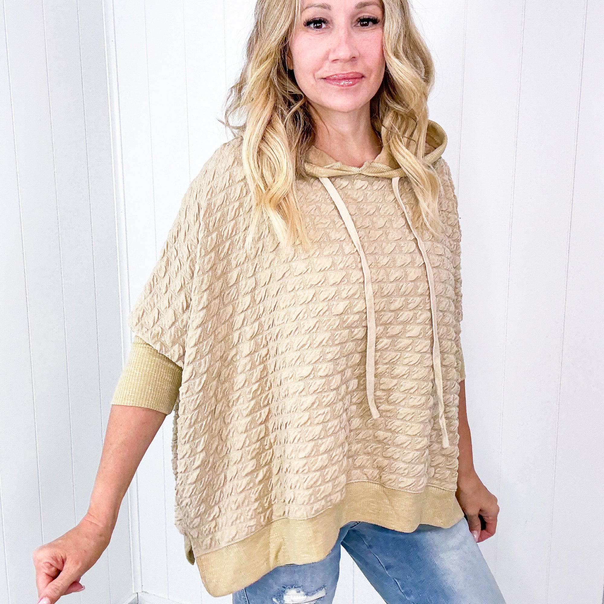 Soft Puff Textured Hacci Knit Teddy Pullover Quarter Sleeve Pullover Hoodie in 3 Colors - Boujee Boutique 