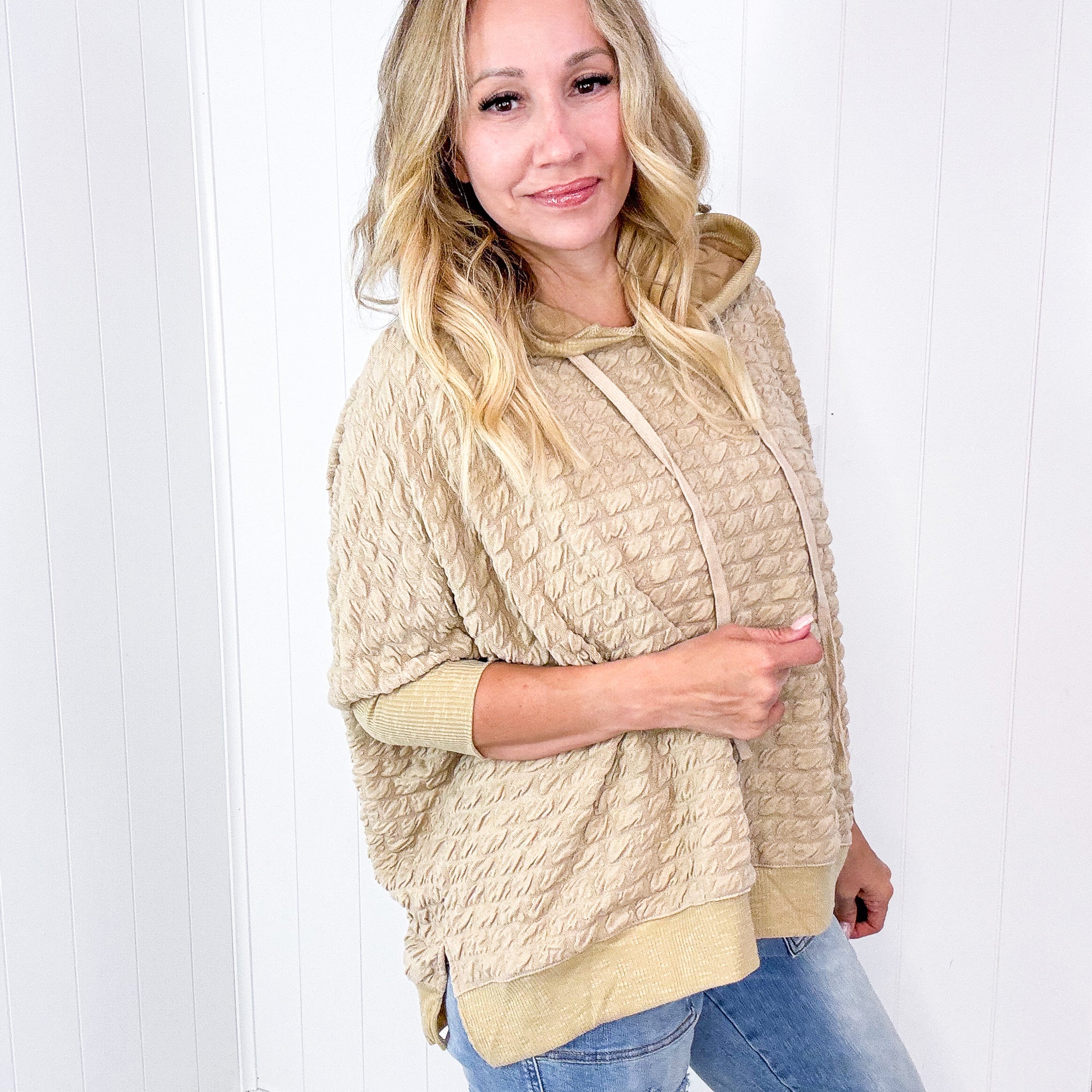 Soft Puff Textured Hacci Knit Teddy Pullover Quarter Sleeve Pullover Hoodie in 3 Colors - Boujee Boutique 