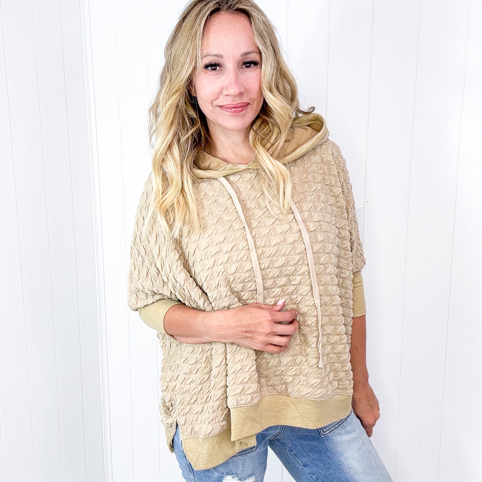 Soft Puff Textured Hacci Knit Teddy Pullover Quarter Sleeve Pullover Hoodie in 3 Colors - Boujee Boutique 