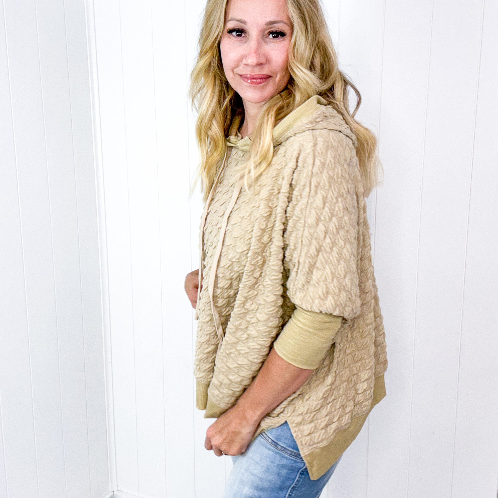 Soft Puff Textured Hacci Knit Teddy Pullover Quarter Sleeve Pullover Hoodie in 3 Colors - Boujee Boutique 