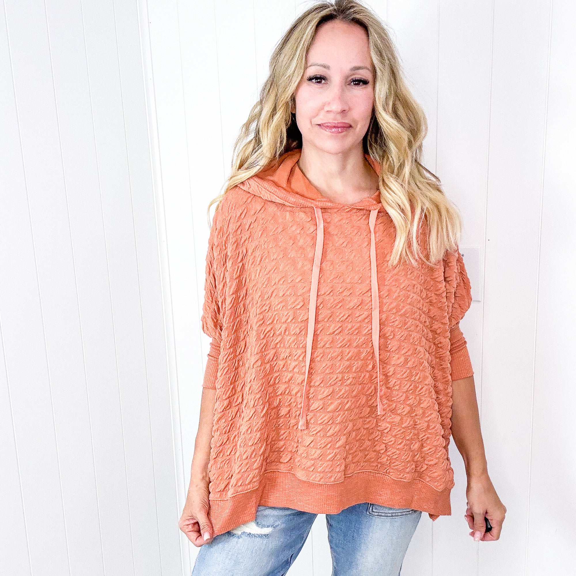 Soft Puff Textured Hacci Knit Teddy Pullover Quarter Sleeve Pullover Hoodie in 3 Colors - Boujee Boutique 