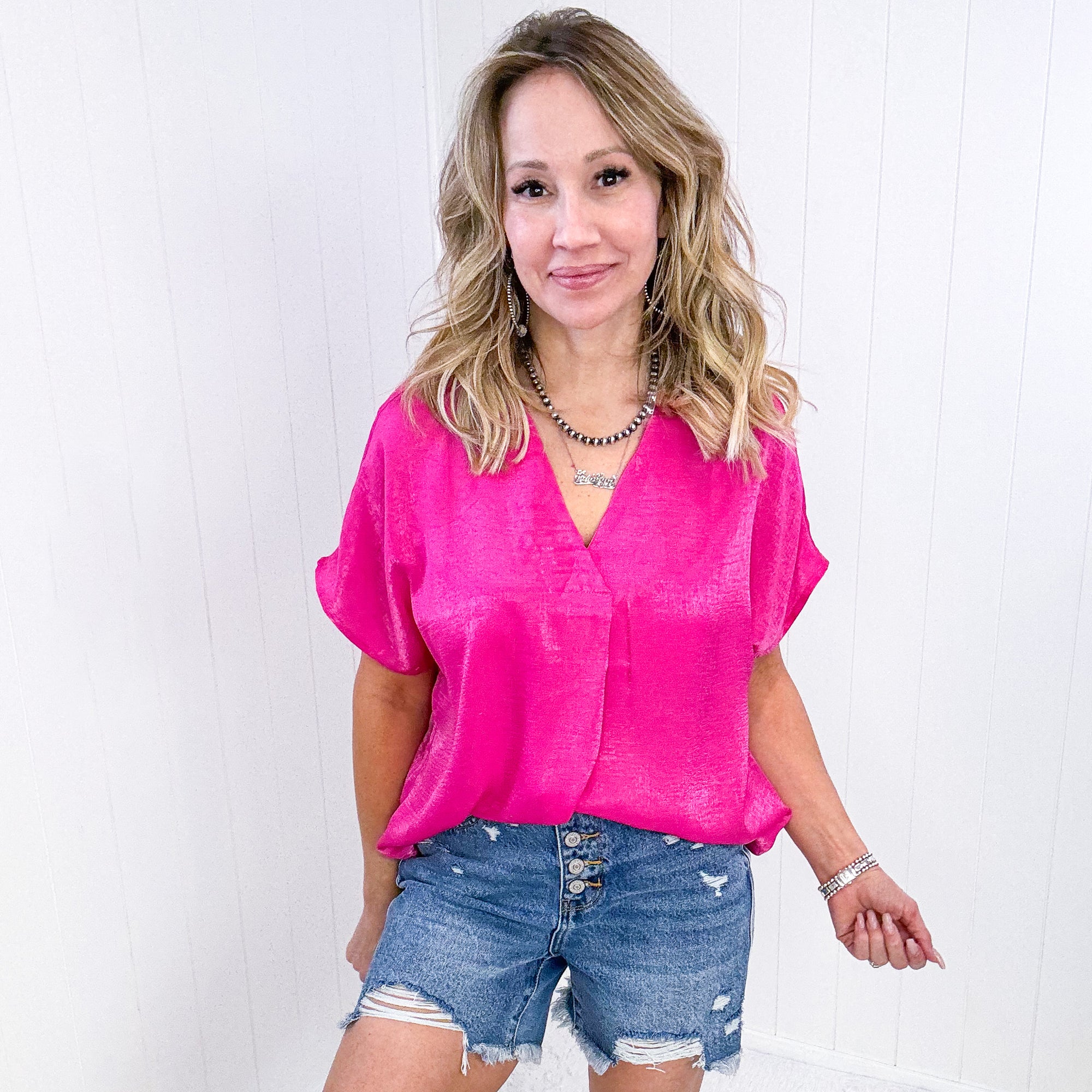 Andree By Unit Pleat Front V-Neck Top in Hot Pink - Boujee Boutique 