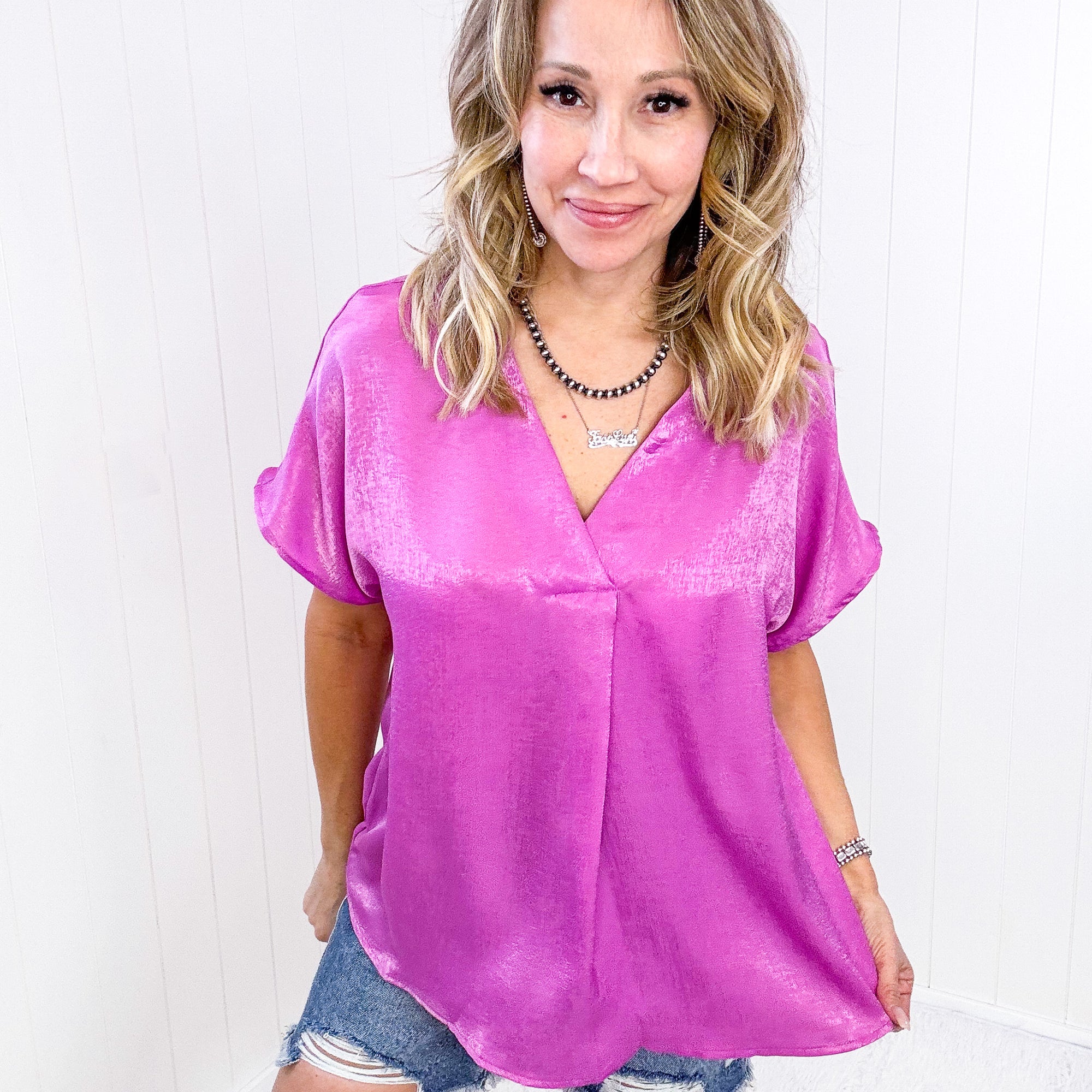 Andree By Unit Pleat Front V-Neck Top in Spring Orchid - Boujee Boutique 