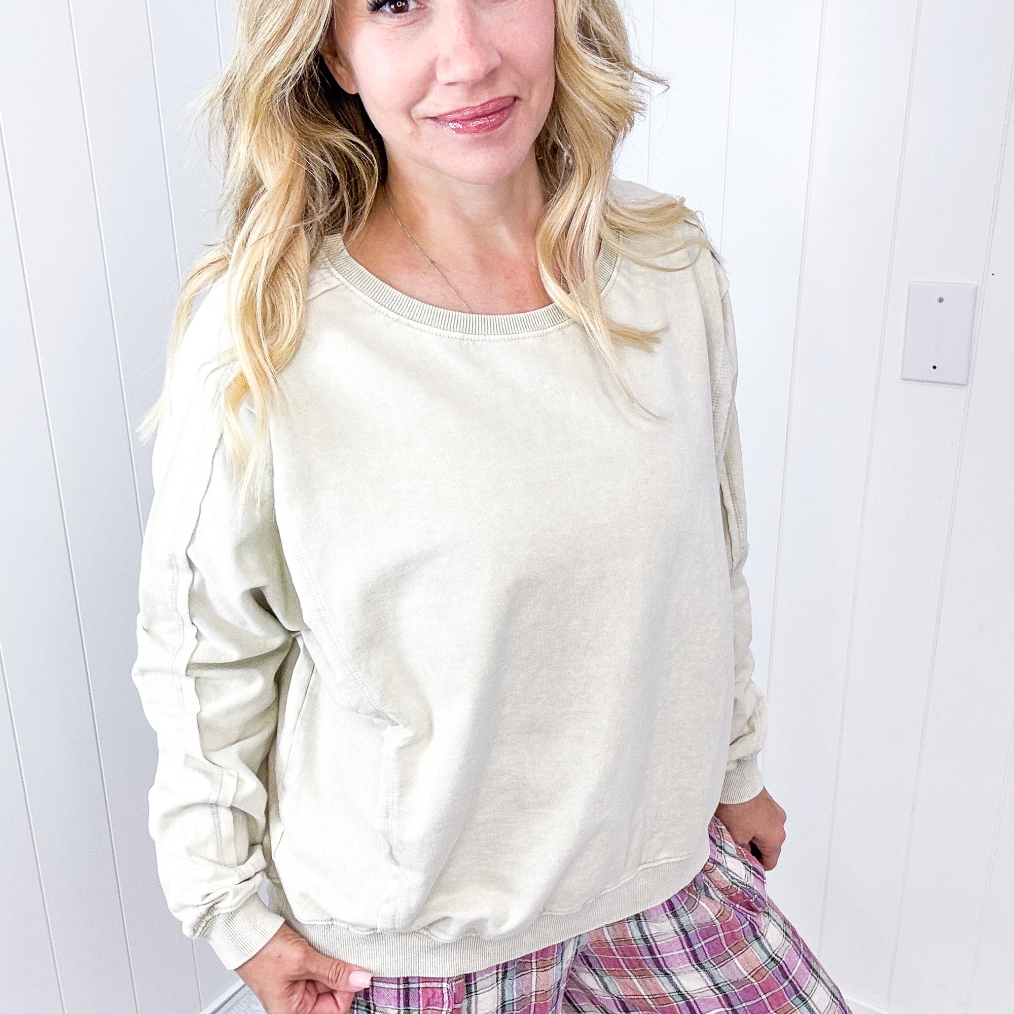 Night Sky Knit Back Star Washed Terry Knit Long Sleeve Pullover Top in 3 Colors - Boujee Boutique 