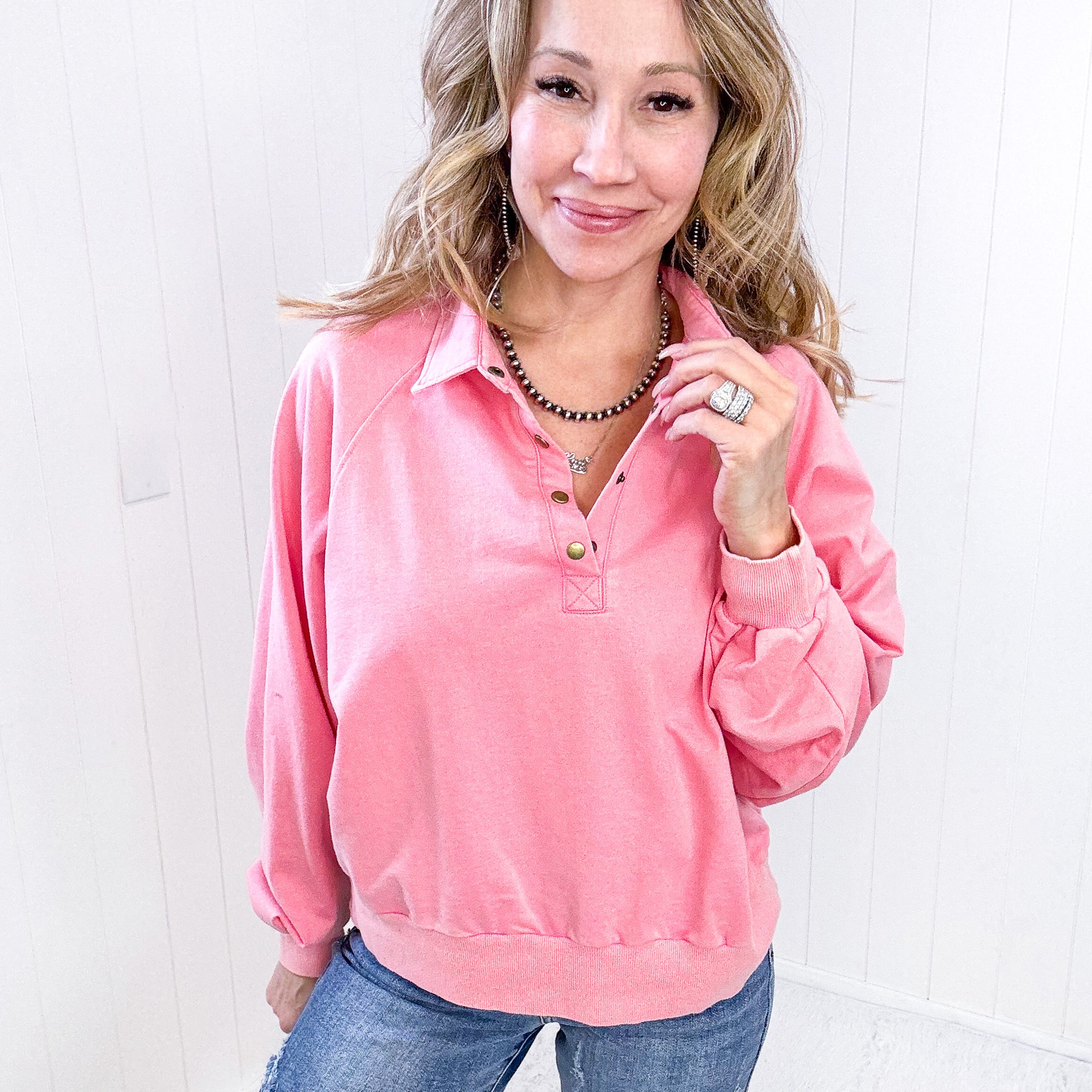 Sweet As Can Be Half Pink Button Pullover - Boujee Boutique 