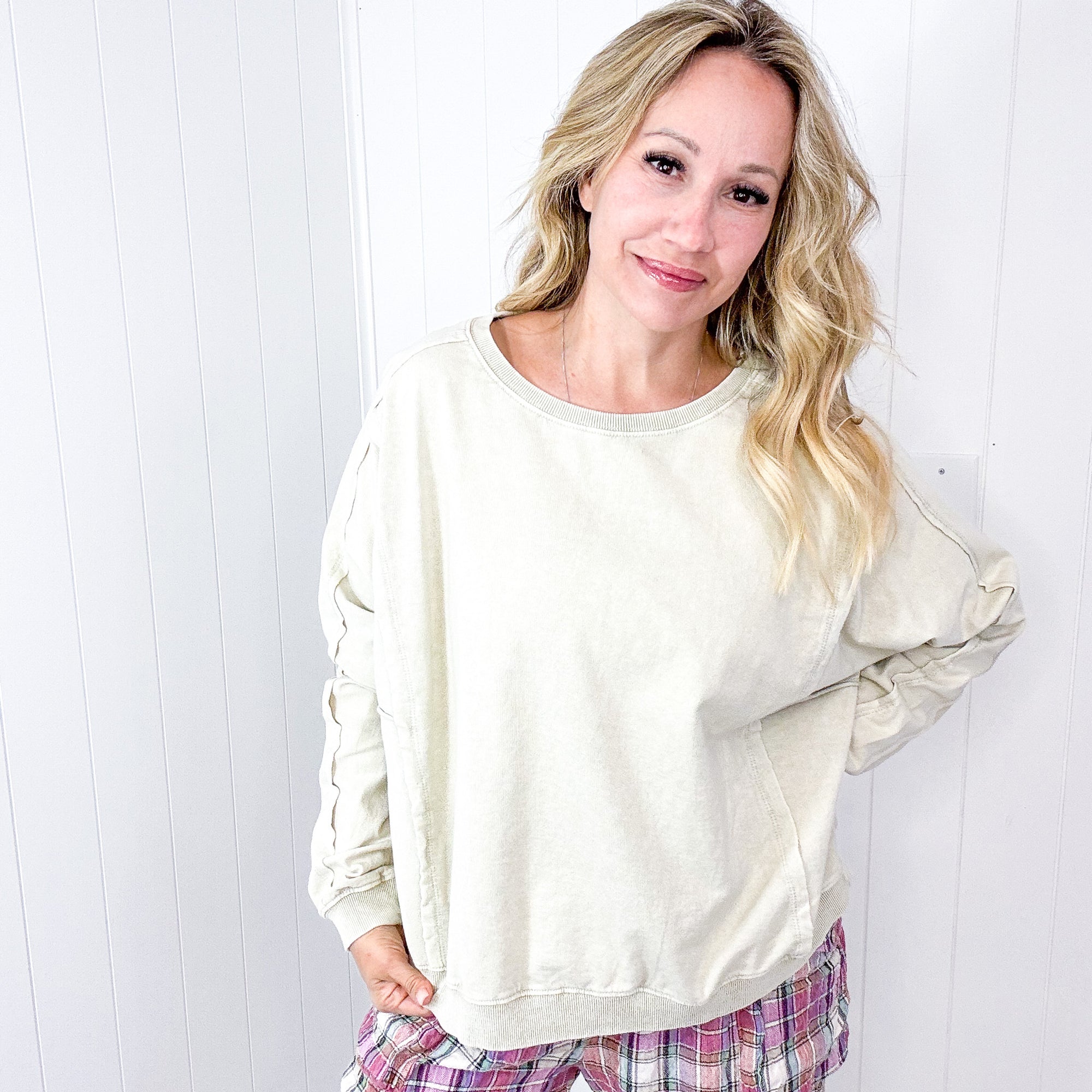Night Sky Knit Back Star Washed Terry Knit Long Sleeve Pullover Top in 3 Colors - Boujee Boutique 