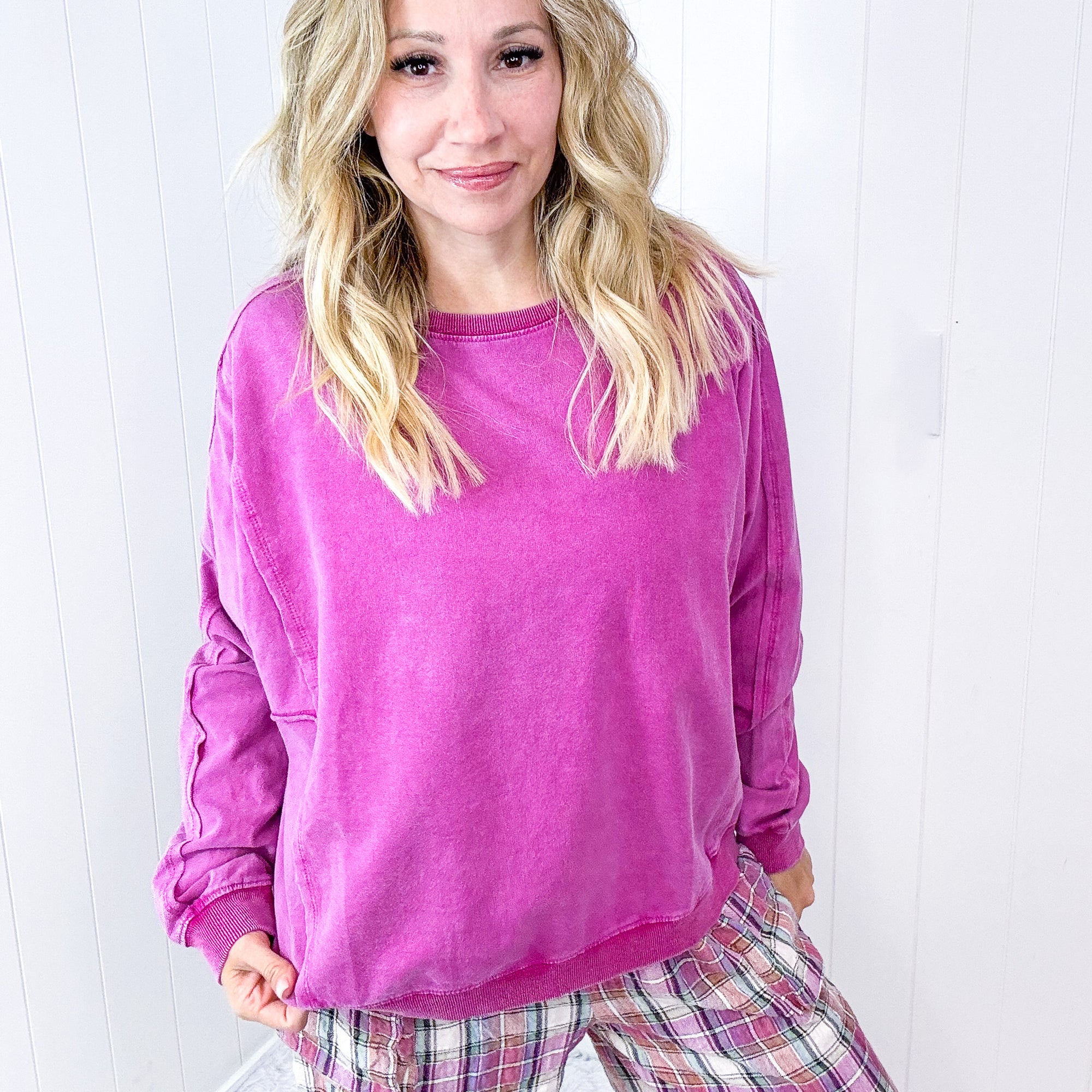 Night Sky Knit Back Star Washed Terry Knit Long Sleeve Pullover Top in 3 Colors - Boujee Boutique 
