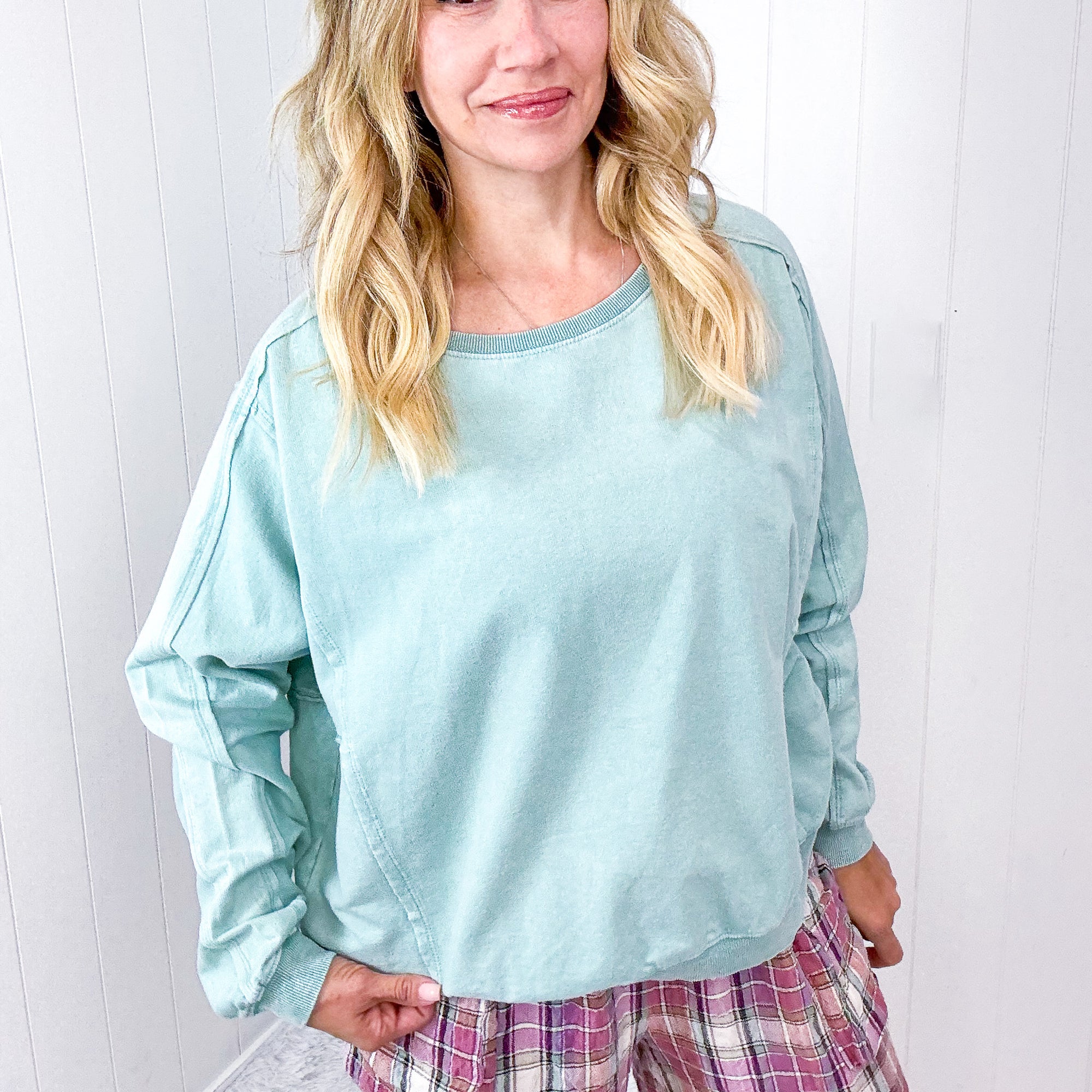 Night Sky Knit Back Star Washed Terry Knit Long Sleeve Pullover Top in 3 Colors - Boujee Boutique 