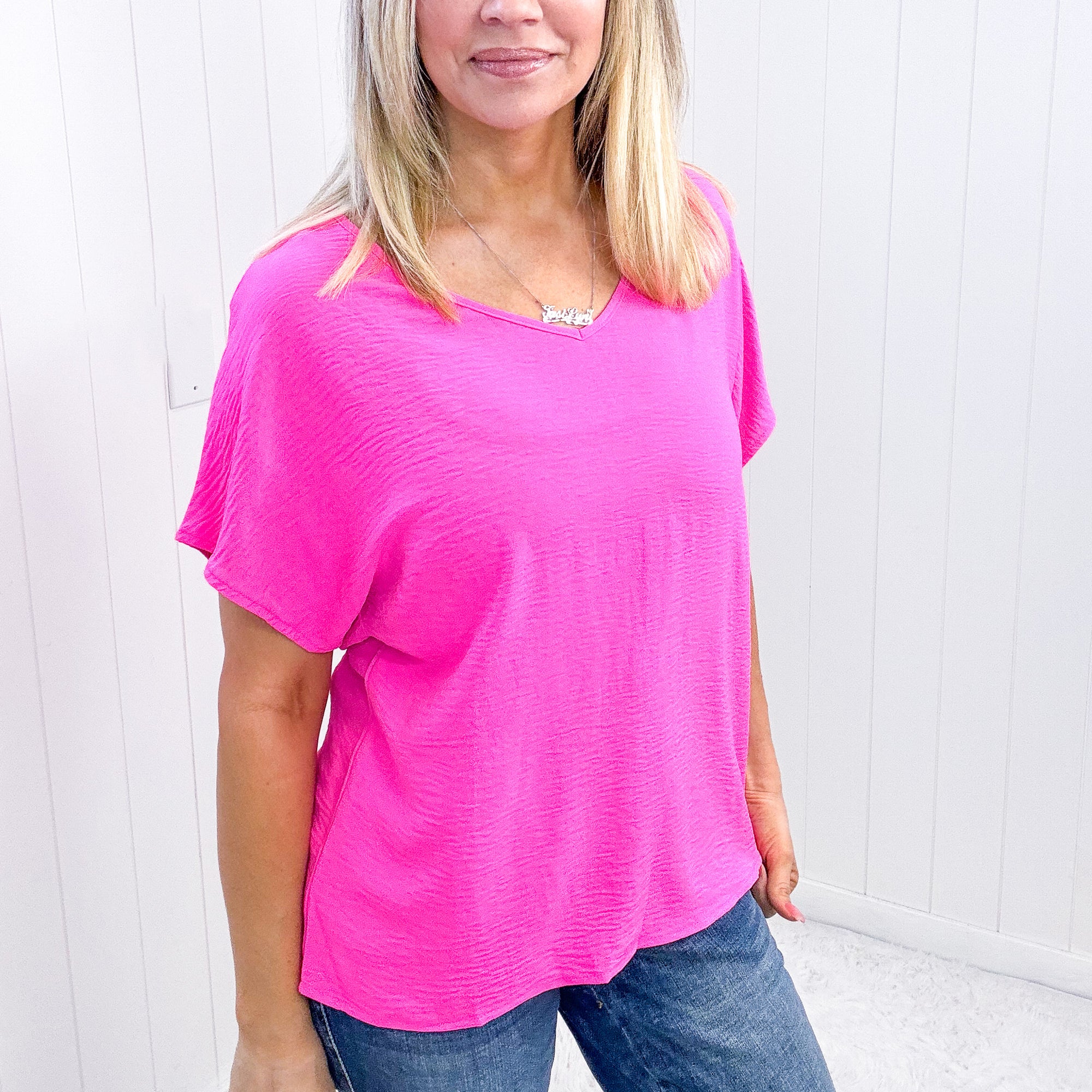 Passionately Pink V NeckLine Short Sleeve Blouse - Boujee Boutique 