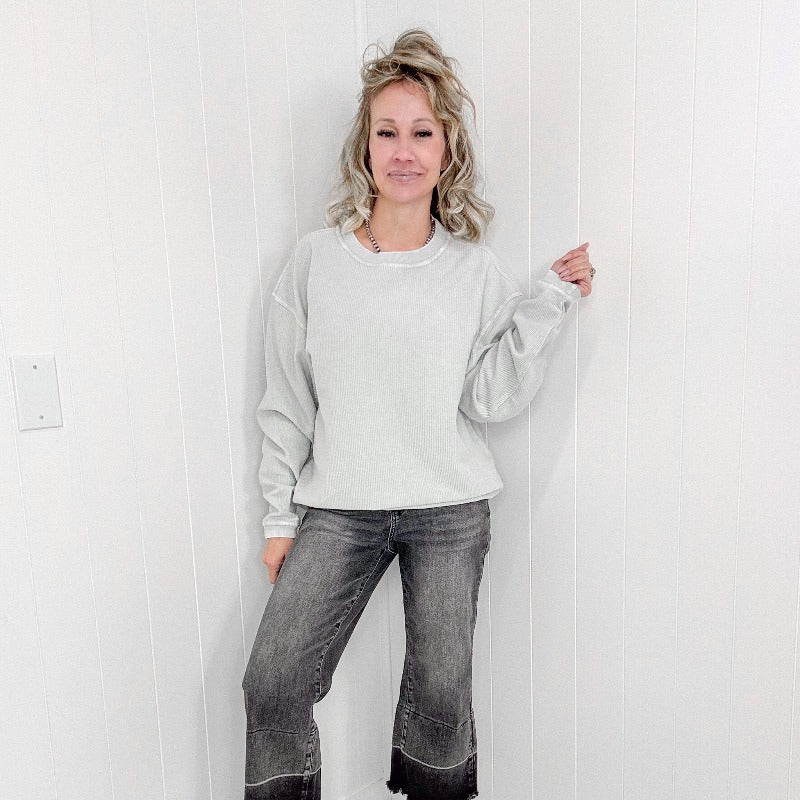 Iced Grey Oversized Essential Luxe Corded Crew Sweatshirt - Boujee Boutique 