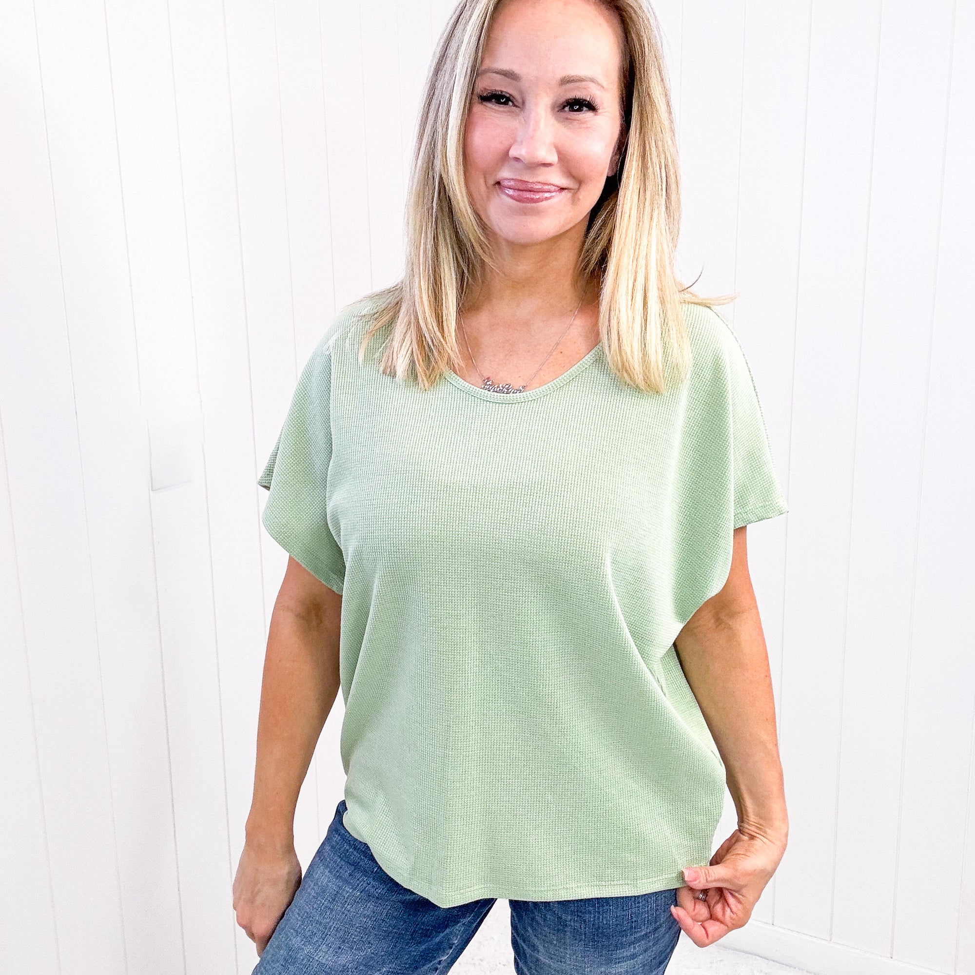 Andree By Unit Waffle Knit Short Sleeve Top In Sage - Boujee Boutique 