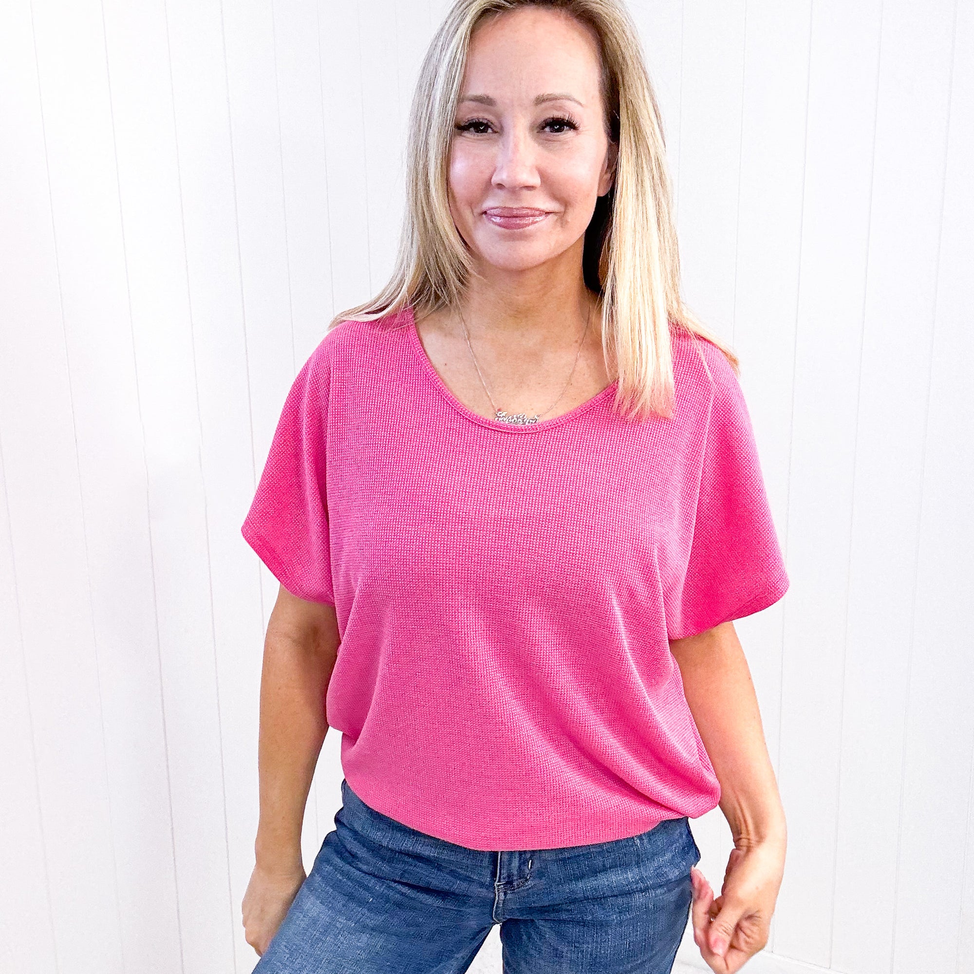 Andree By Unit Waffle Knit Short Sleeve Top In Hot Pink - Boujee Boutique 