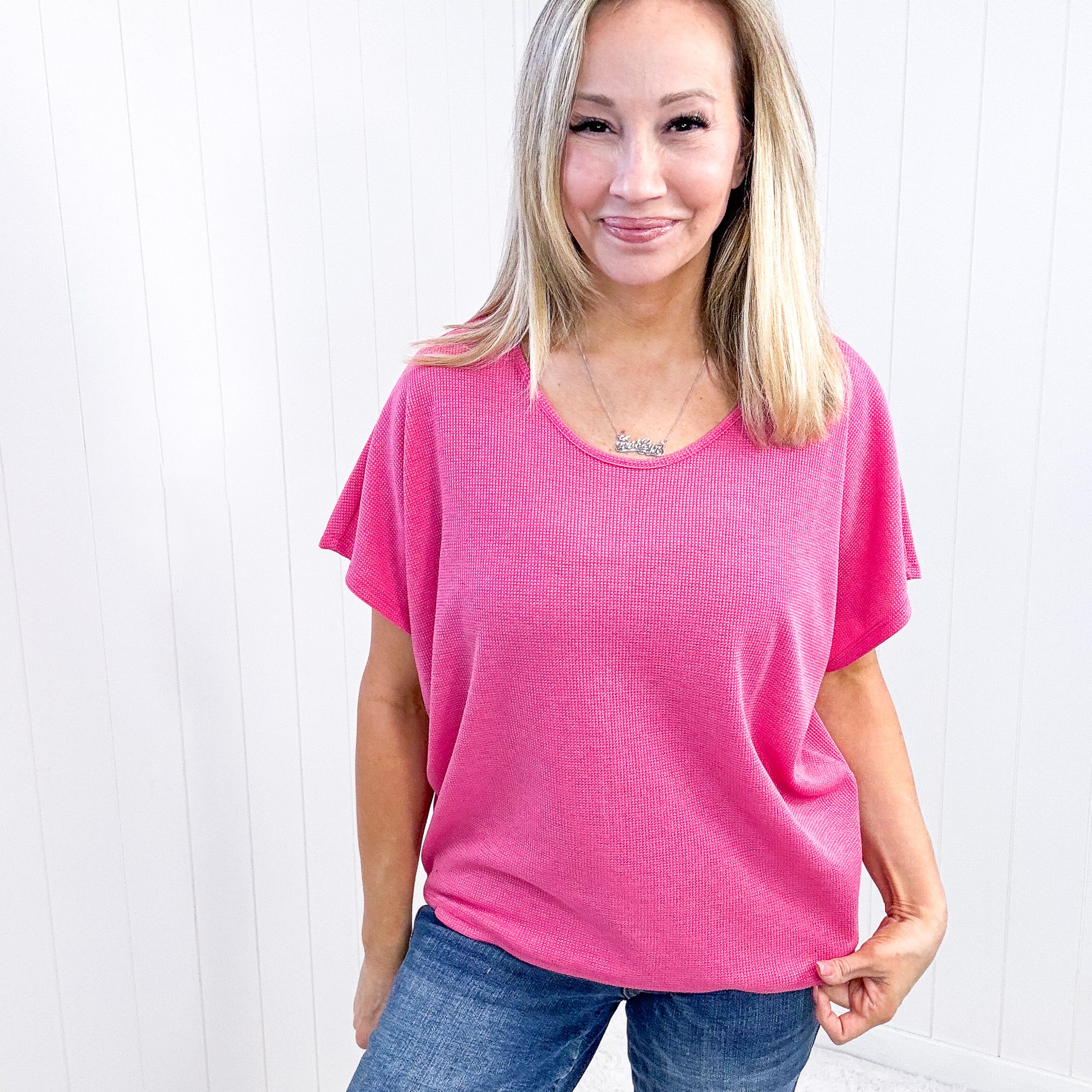 Andree By Unit Waffle Knit Short Sleeve Top In Hot Pink - Boujee Boutique 