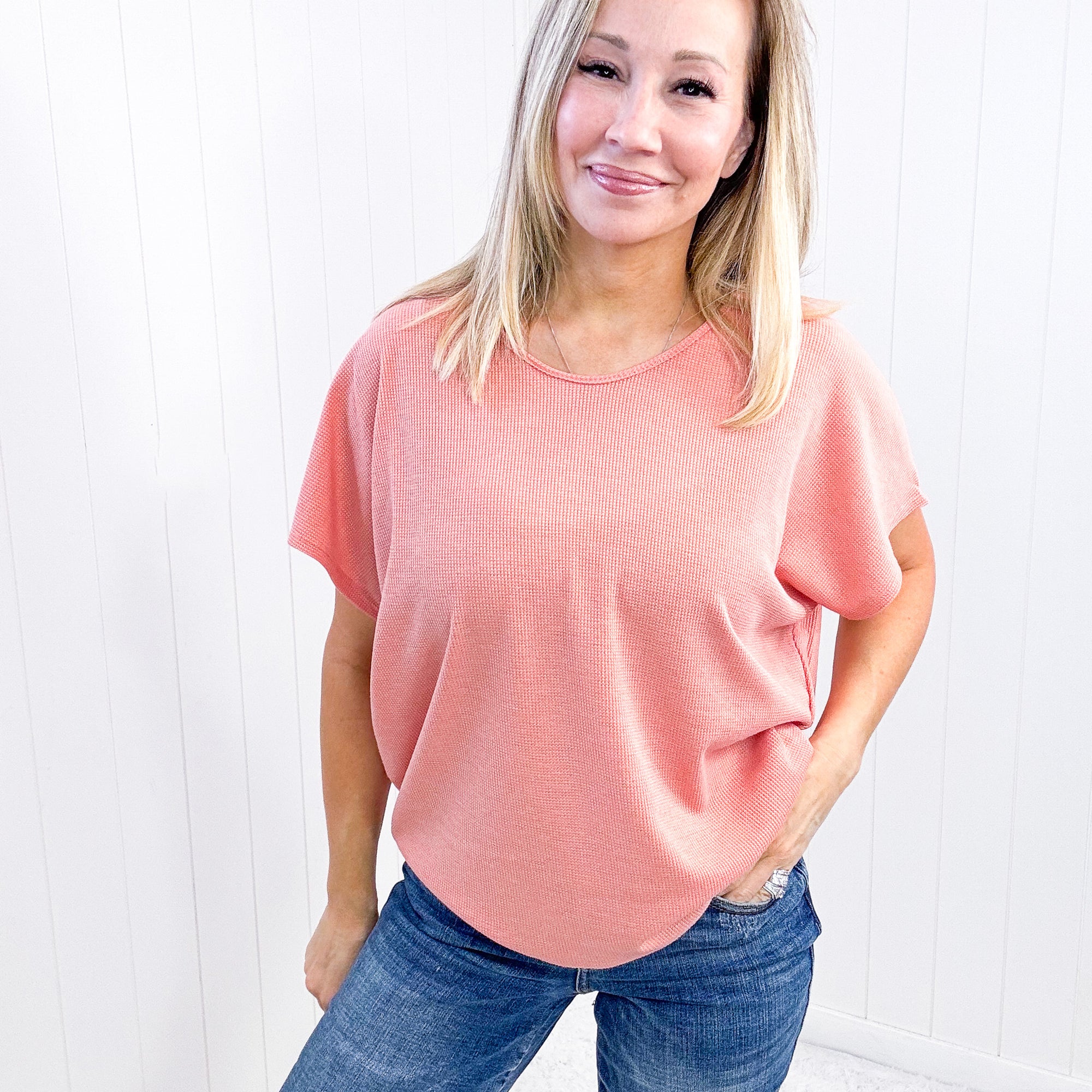 Andree By Unit Waffle Knit Short Sleeve Top In Apricot - Boujee Boutique 