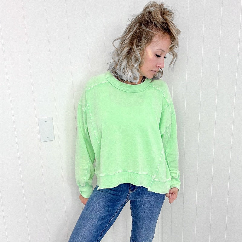 Easel Washed Lime Lightweight Long Sleeve Pullover - Boujee Boutique 