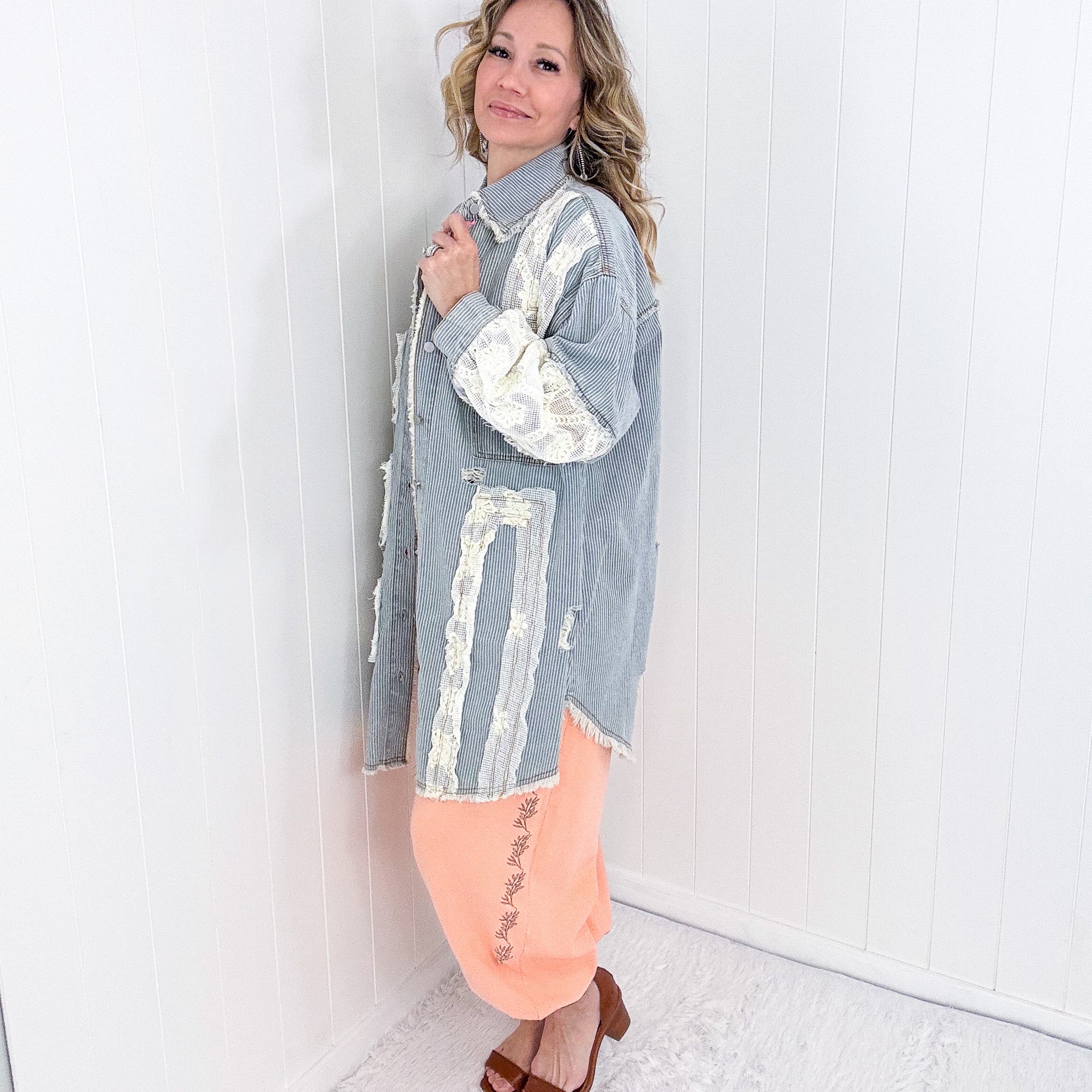 POL Enchanting Longline Striped Denim and Lace Jacket - Boujee Boutique 