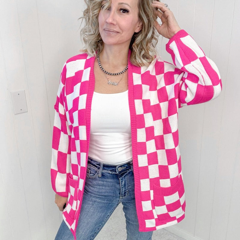 Pink Beverly Checked Print Open Front Cardigan - Boujee Boutique 