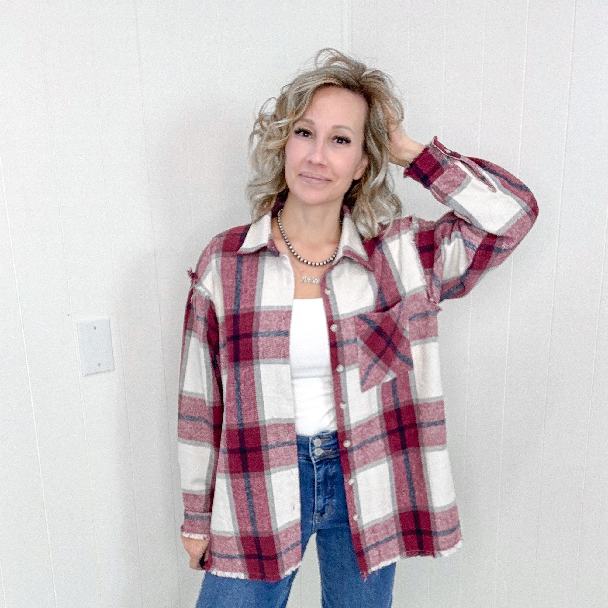 Burgundy Button Down Plaid Long Sleeve Shacket - Boujee Boutique 