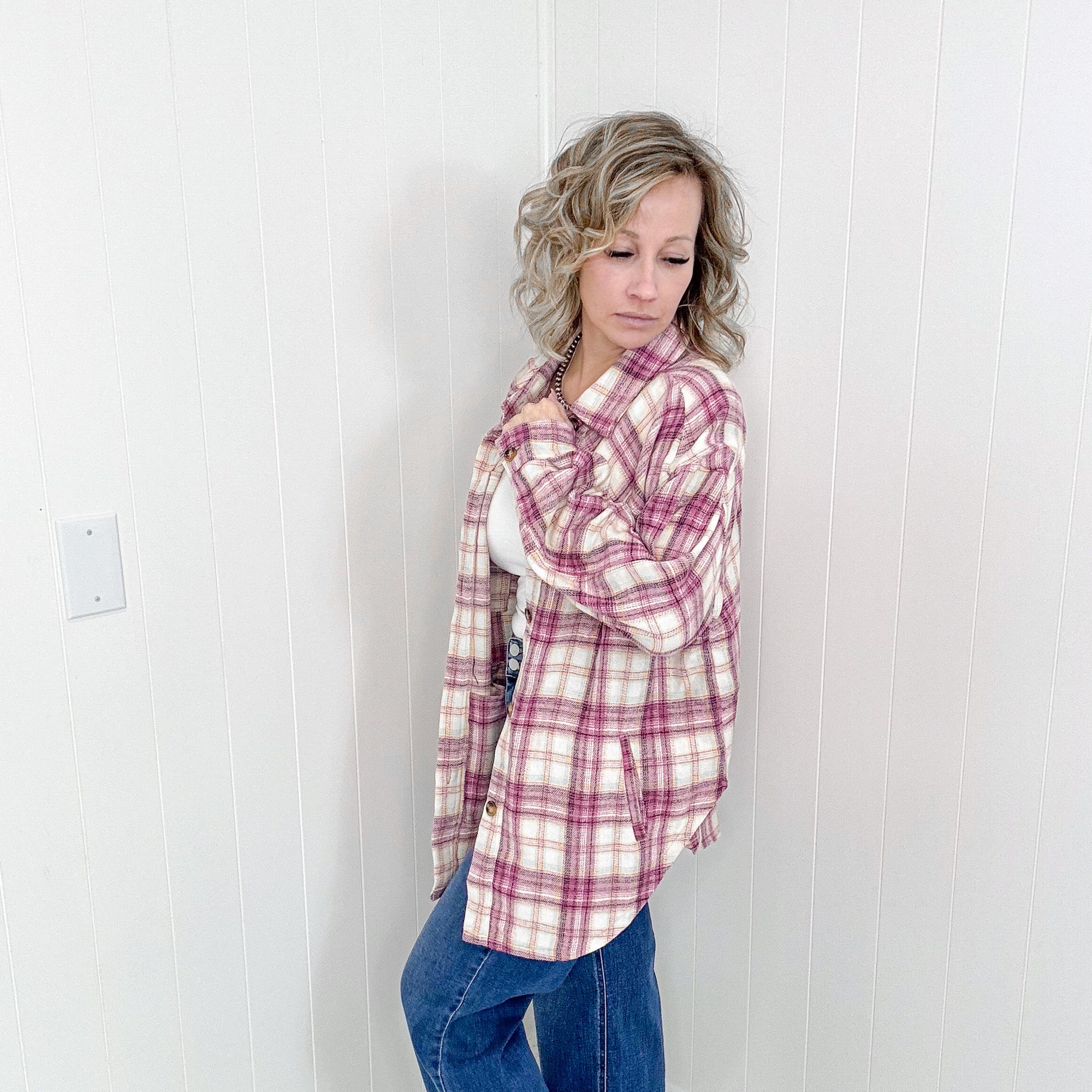 Pink Oversized Western Plaid Jacket with Front Pockets - Boujee Boutique 
