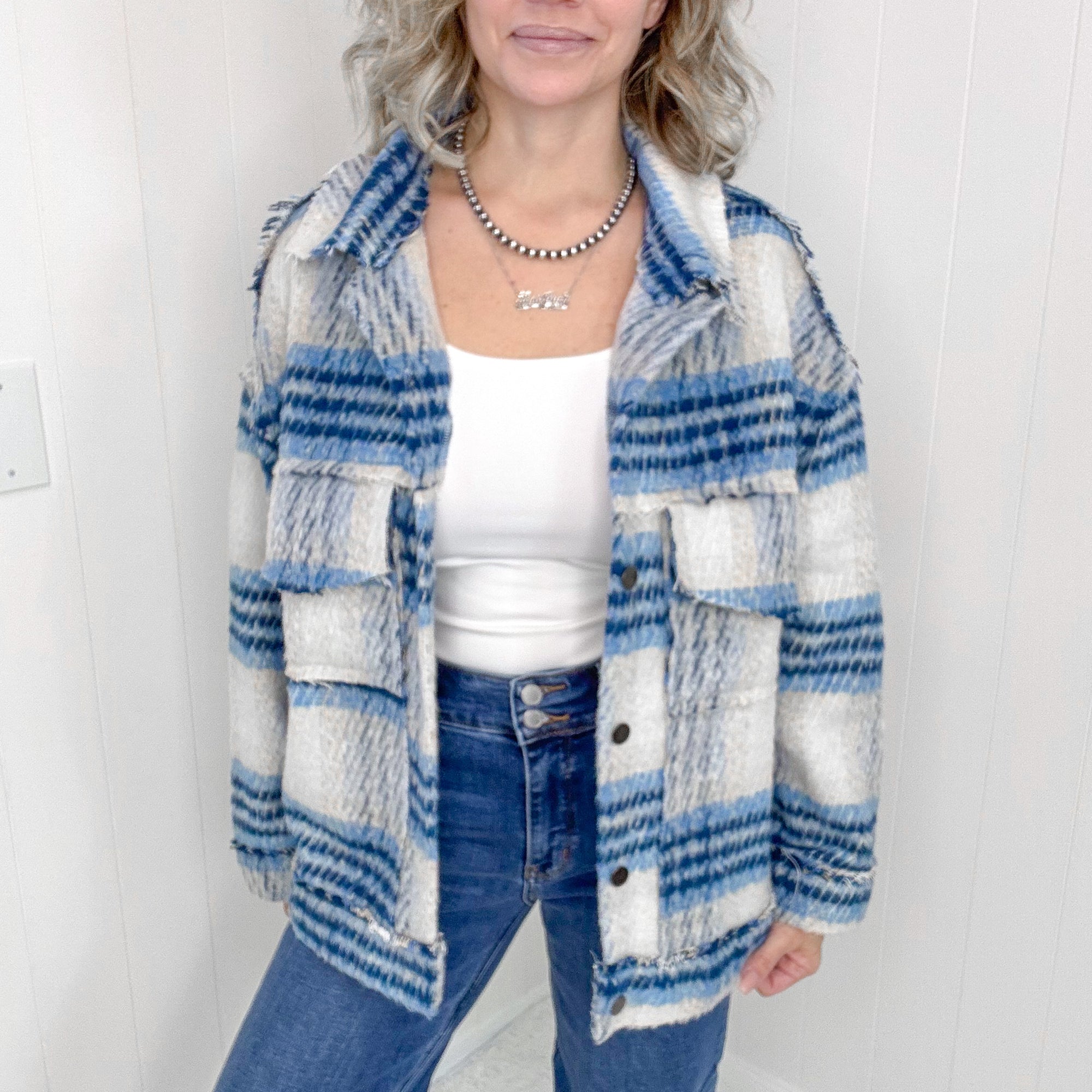 POL Cream and Blue Plaid Oversized Jacket - Boujee Boutique 