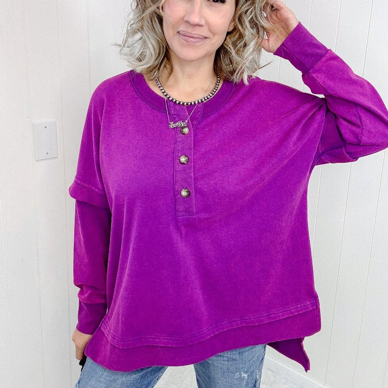 Purple Mineral Washed Pullover Long Sleeve Henley - Boujee Boutique 