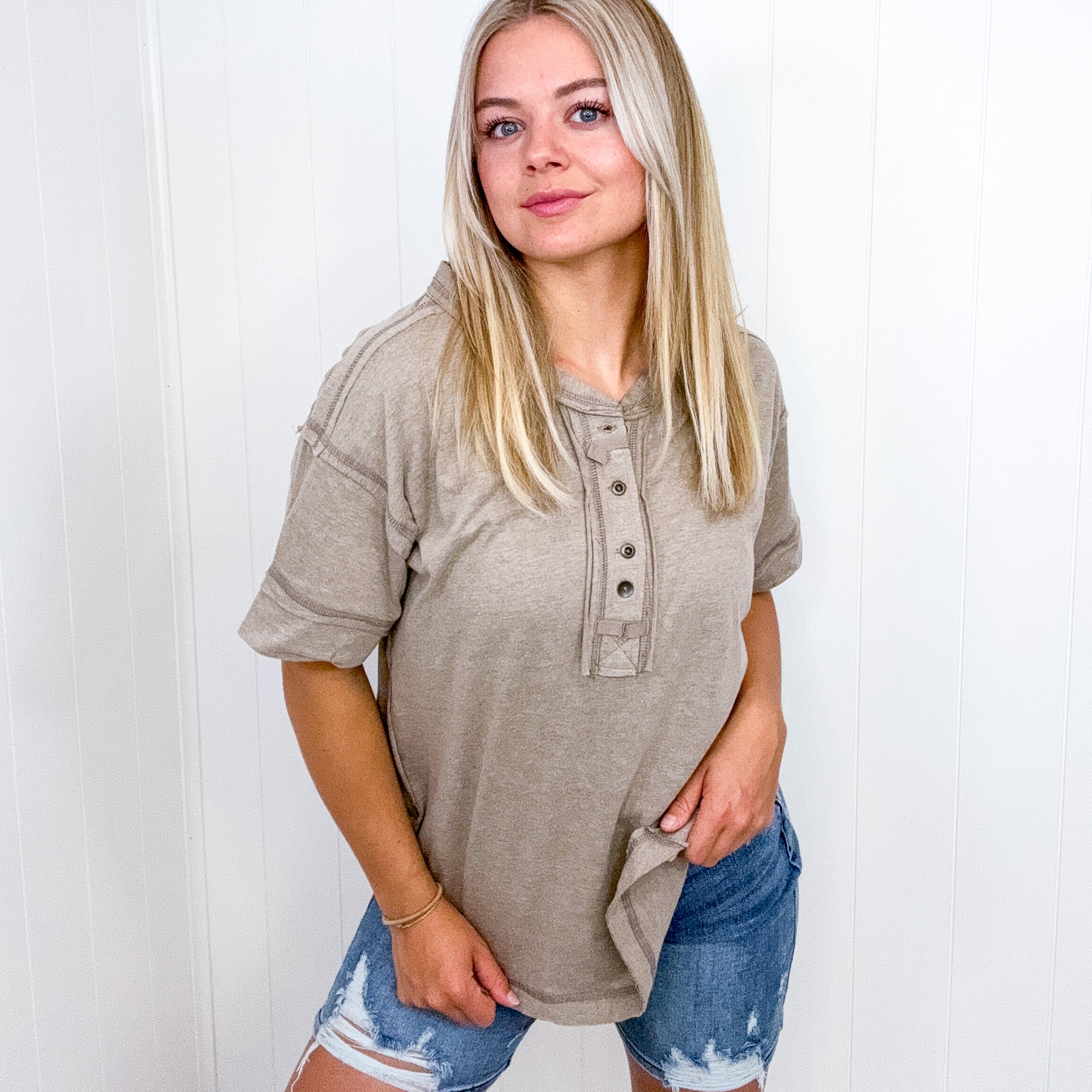 Katelyn Raw Edge Detail Button Closure Short Sleeve Top in 8 Colors - Boujee Boutique 