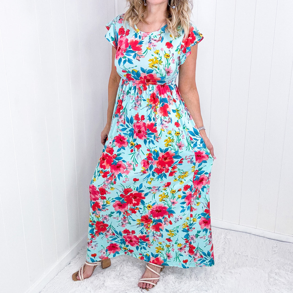 Aqua Floral Fit &amp; Flare Maxi Dress - Boujee Boutique 