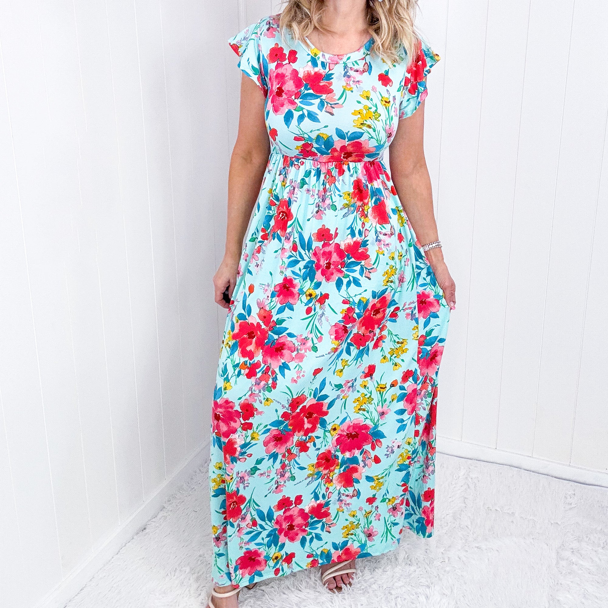 Aqua Floral Fit & Flare Maxi Dress - Boujee Boutique 