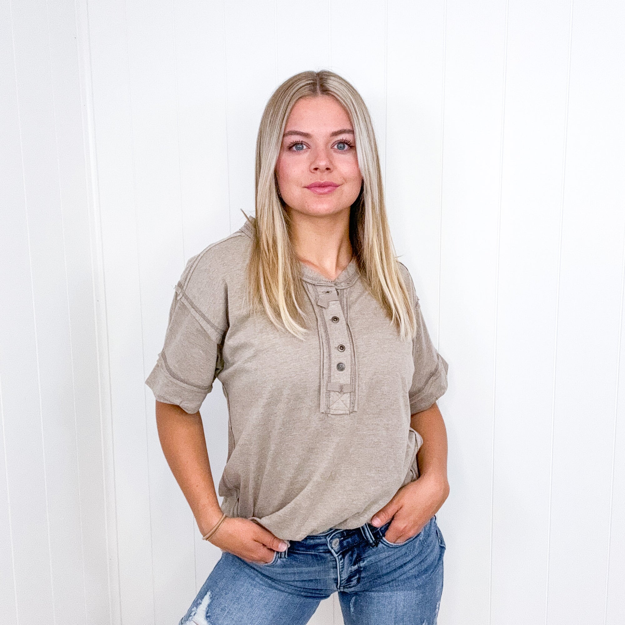 Katelyn Raw Edge Detail Button Closure Short Sleeve Top in 8 Colors - Boujee Boutique 