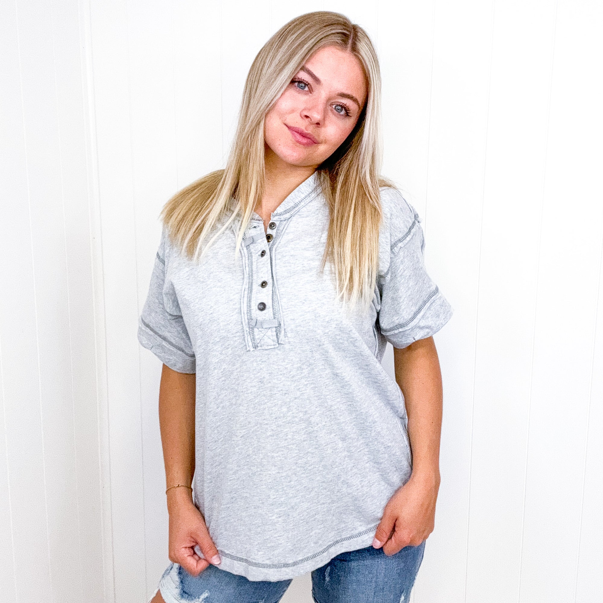 Katelyn Raw Edge Detail Button Closure Short Sleeve Top in 8 Colors - Boujee Boutique 