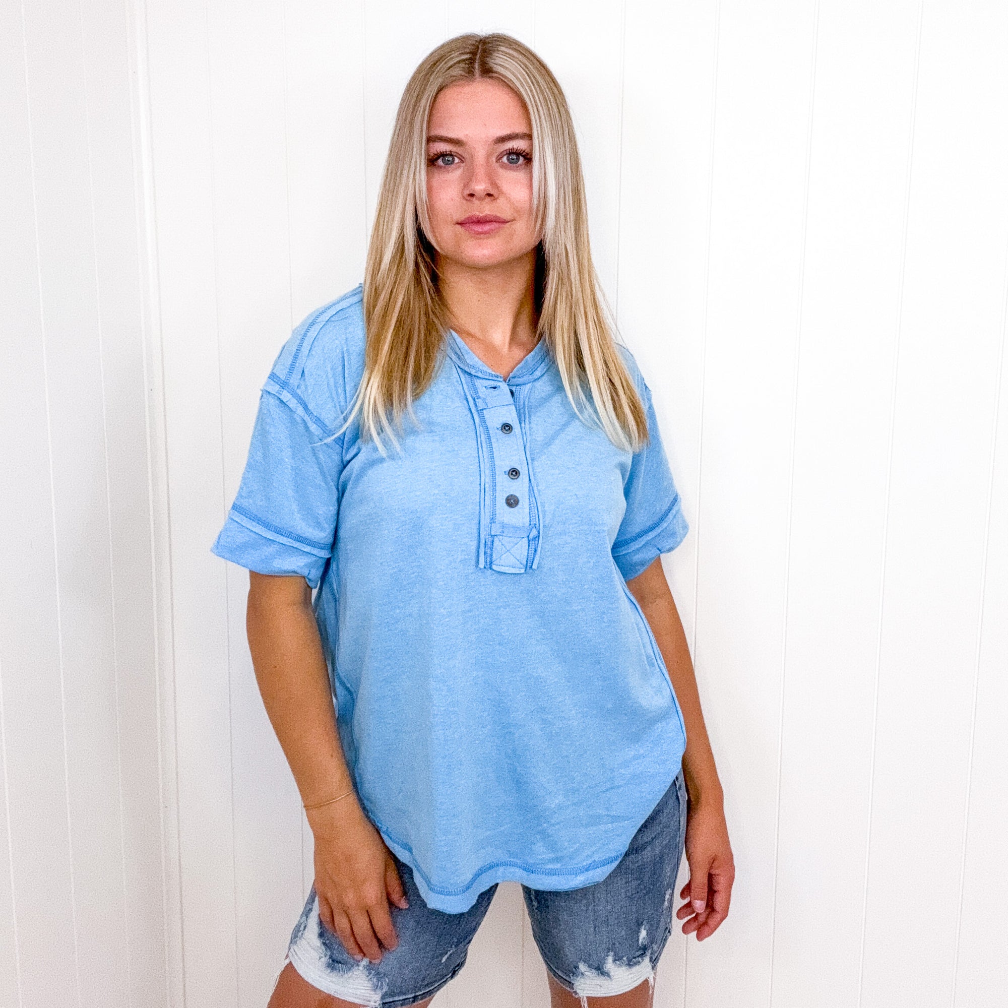 Katelyn Raw Edge Detail Button Closure Short Sleeve Top in 8 Colors - Boujee Boutique 