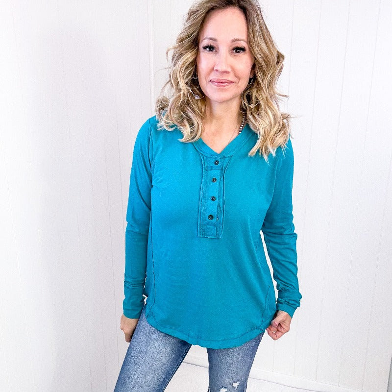 Teal Blue Exposed Seam Thumbhole Long Sleeve Top - Boujee Boutique 