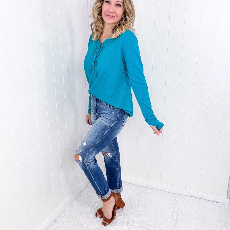 Teal Blue Exposed Seam Thumbhole Long Sleeve Top - Boujee Boutique 